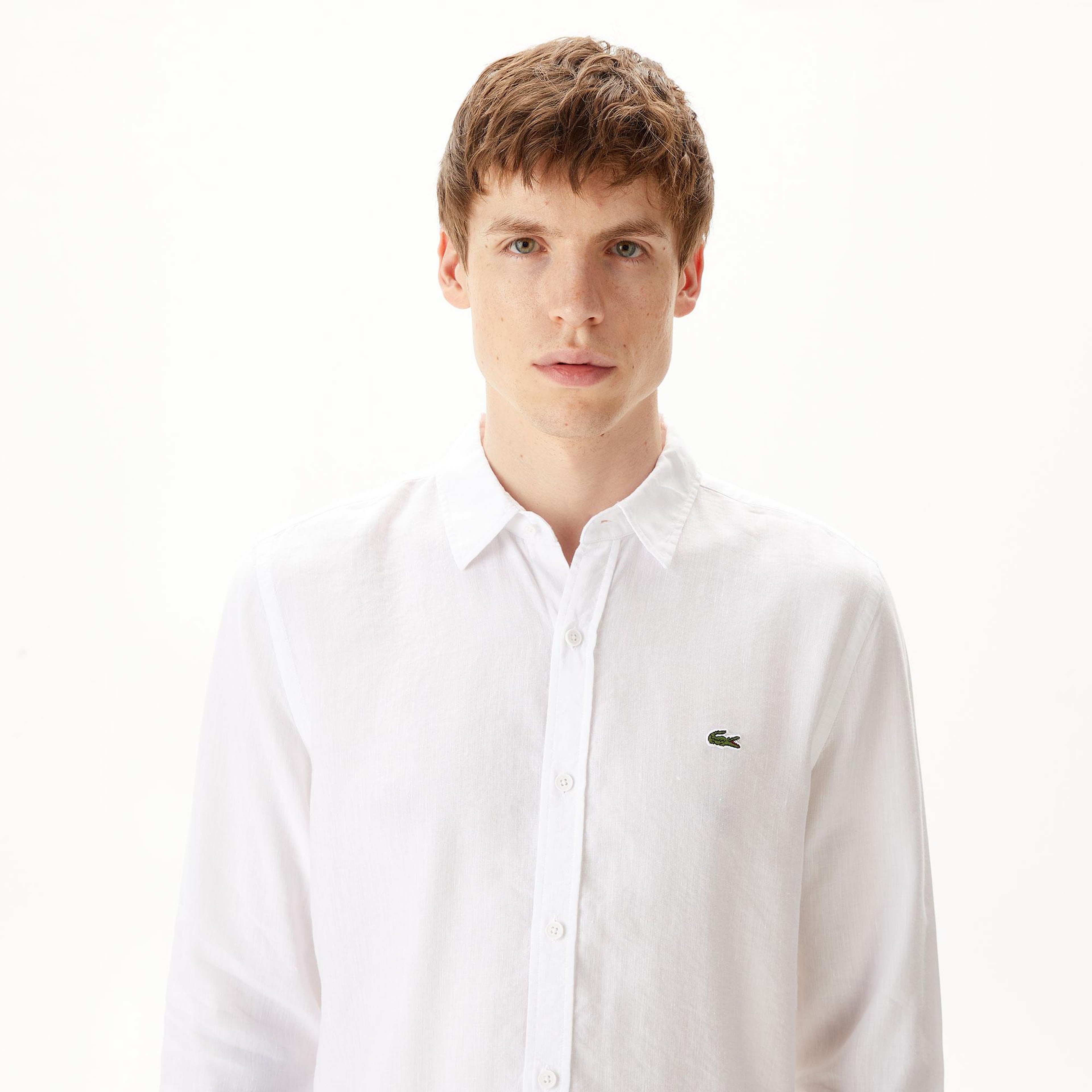 Lacoste Erkek Slim Fit Keten Beyaz Gömlek