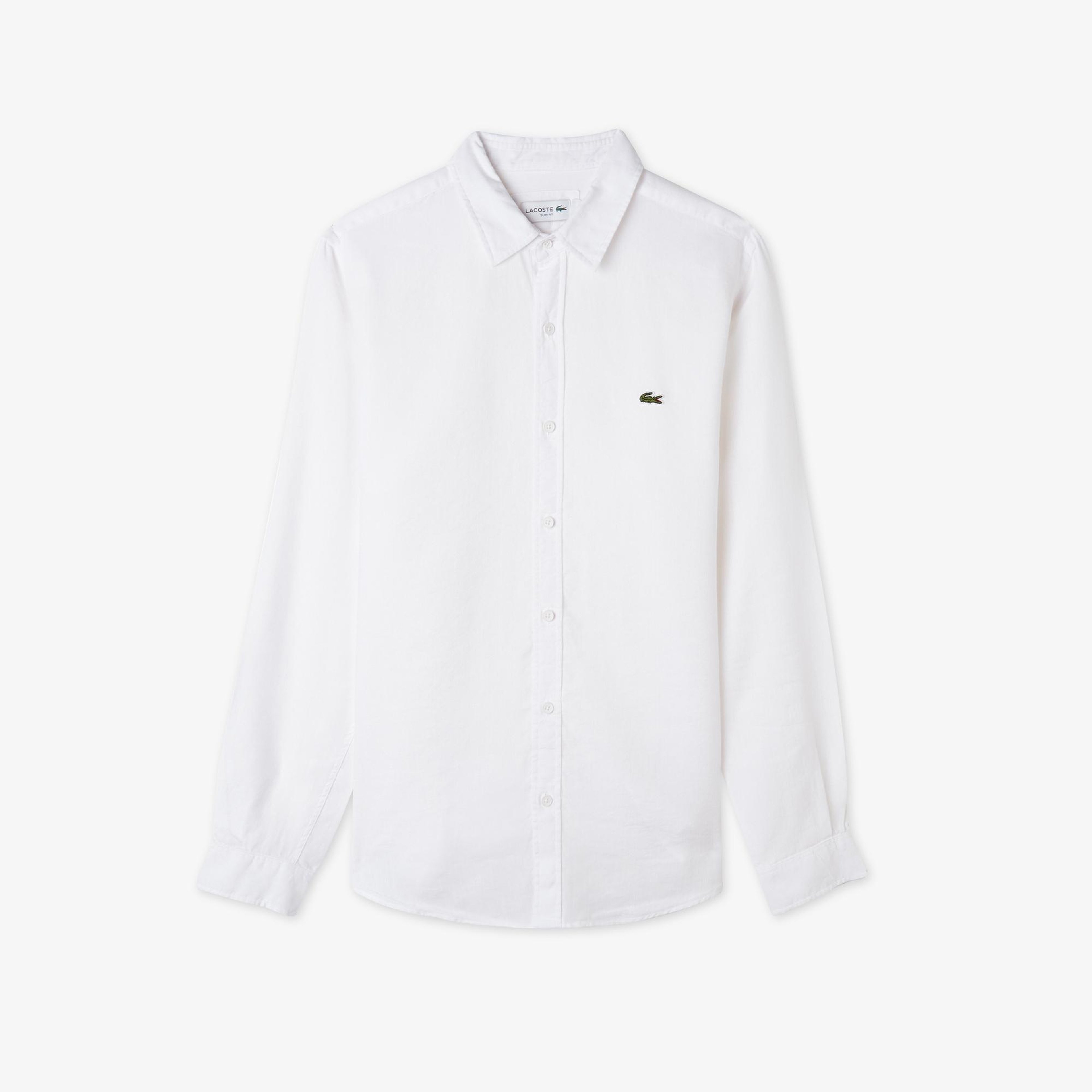 Lacoste Erkek Slim Fit Keten Beyaz Gömlek