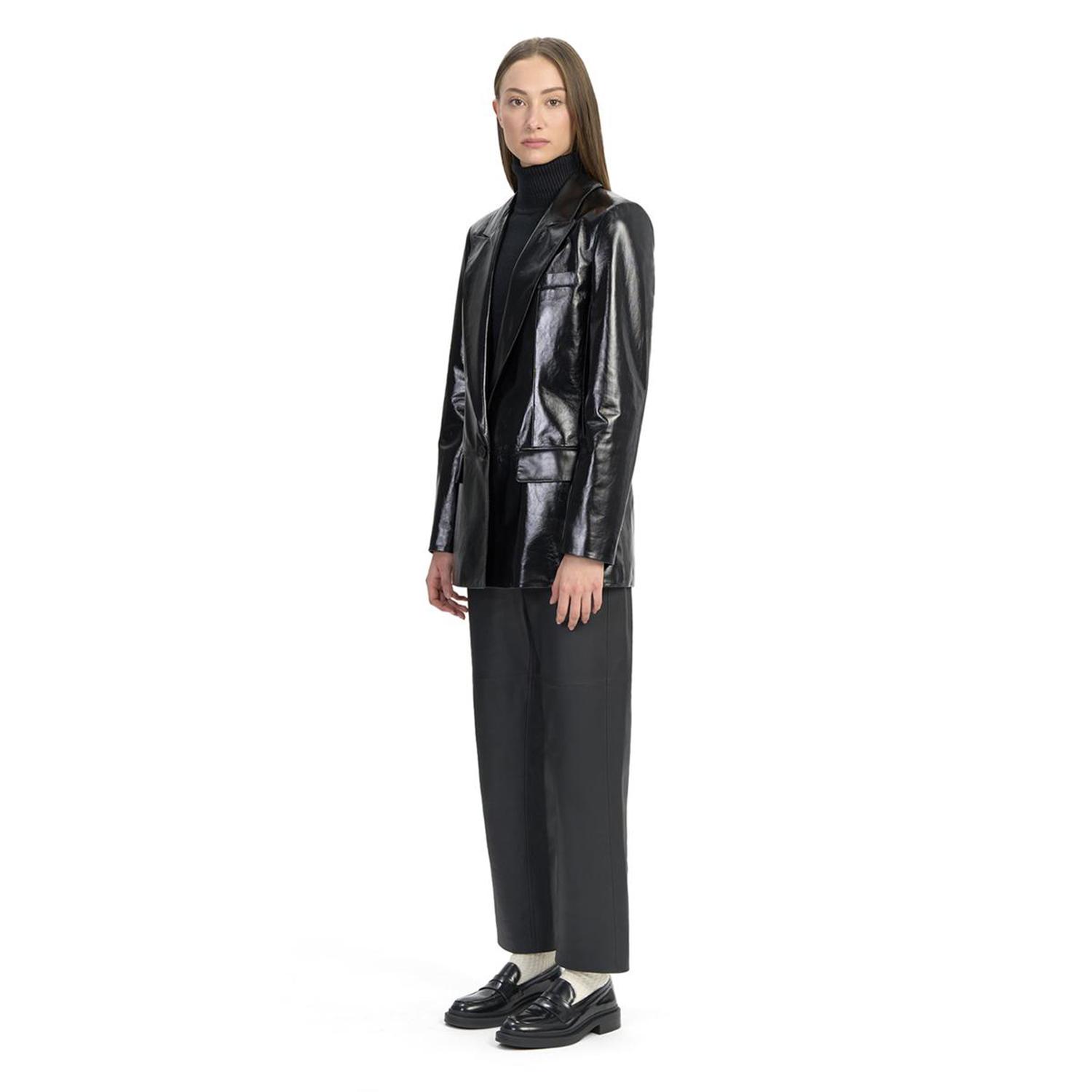 Minira Siyah Deri Blazer Ceket