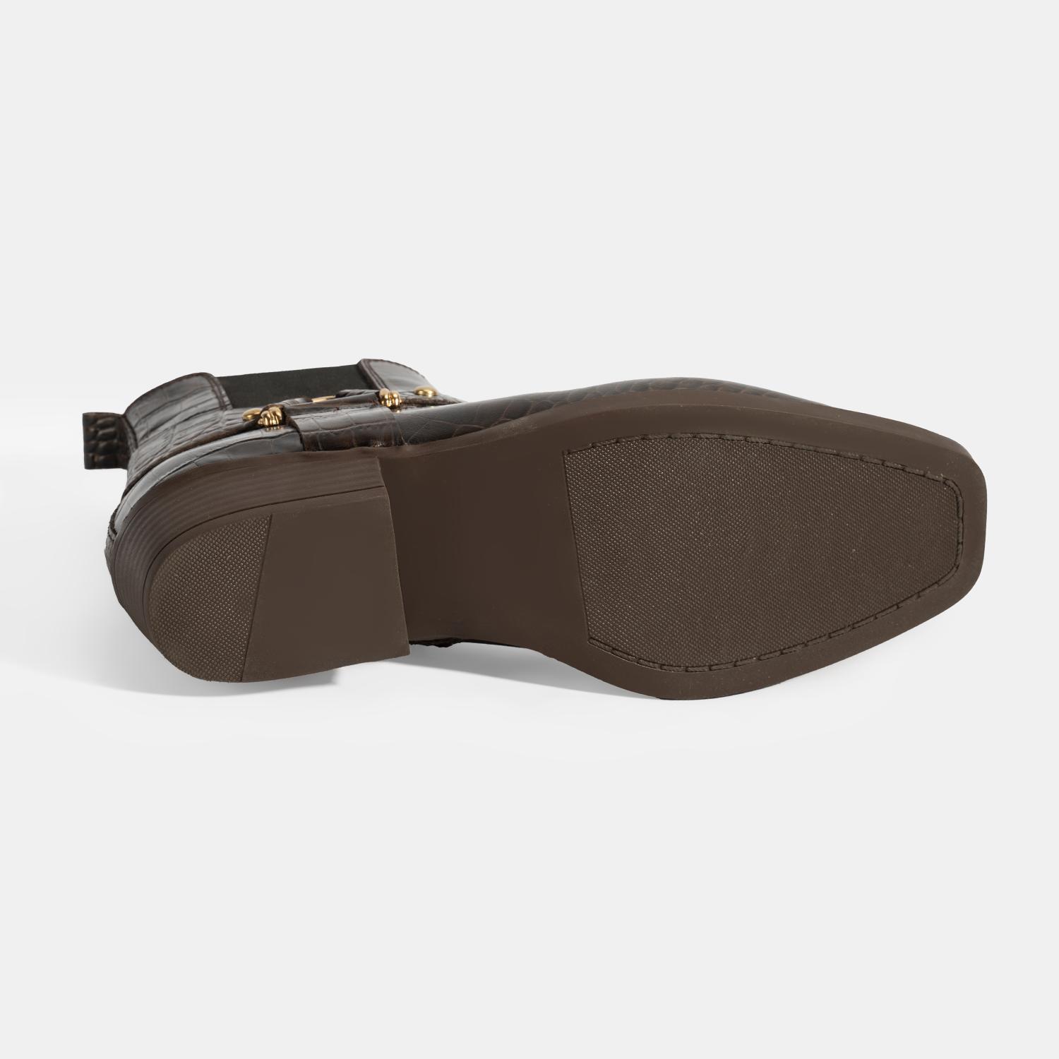 Kadın Kahve Kroko Baskılı Lastik Detaylı Deri Bot