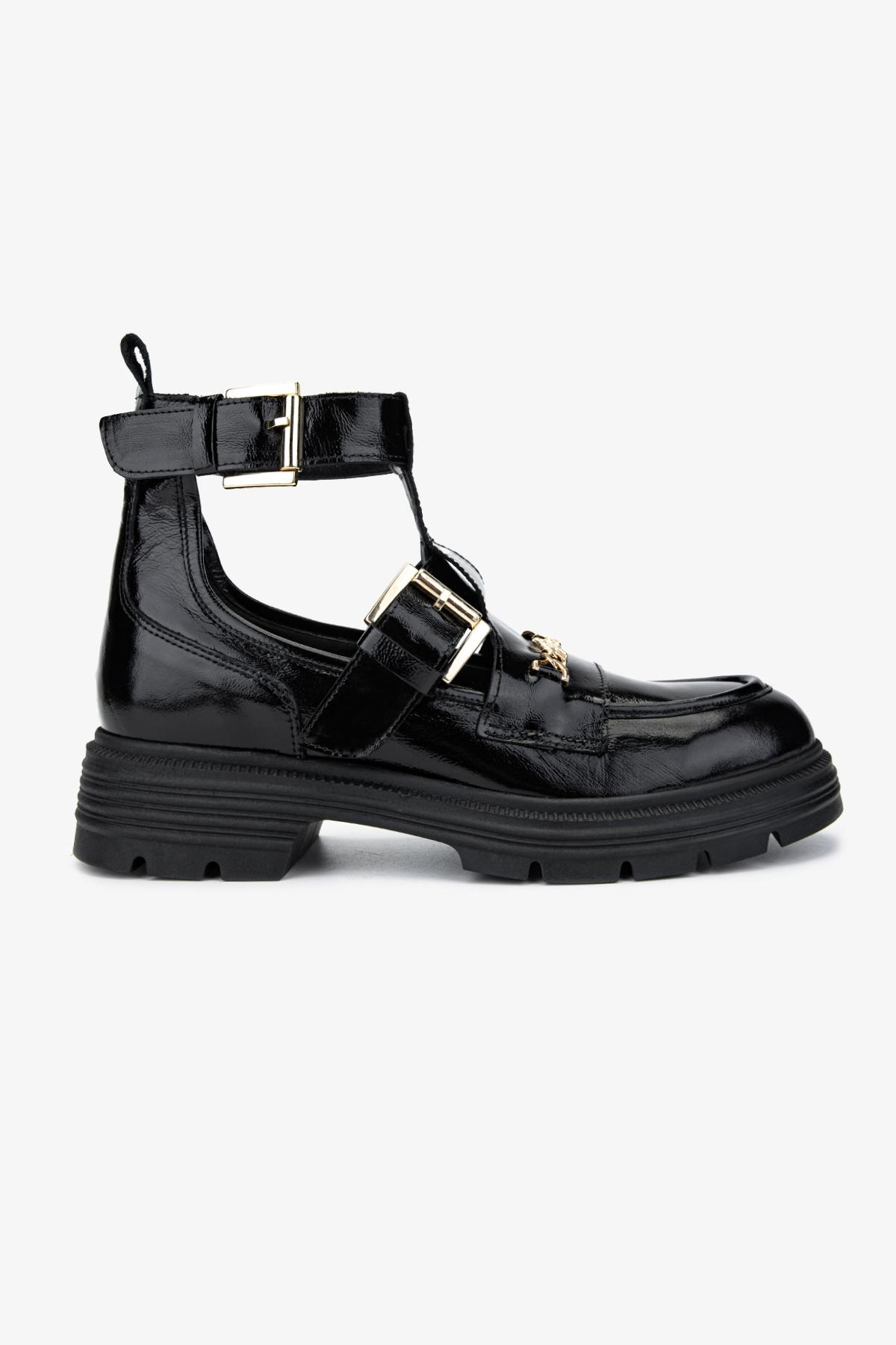 Valmenti Kadın Hakiki Deri Siyah Kırışık Rugan Düz Bot