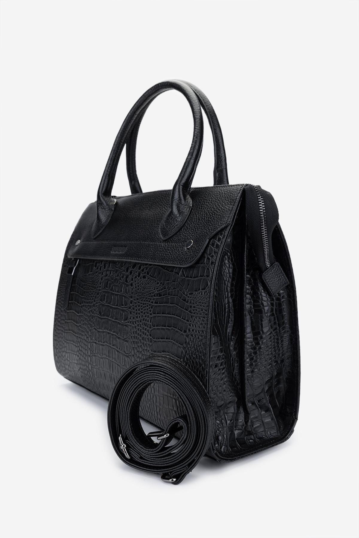 Valmenti Kadın Hakiki Deri Siyah Kroko Kol Çantası