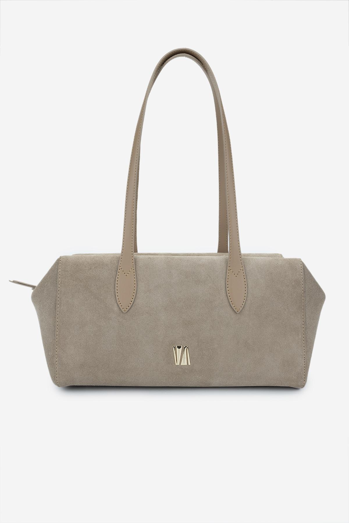 Valmenti Kadın Hakiki Deri Bej Süet Omuz Çanta