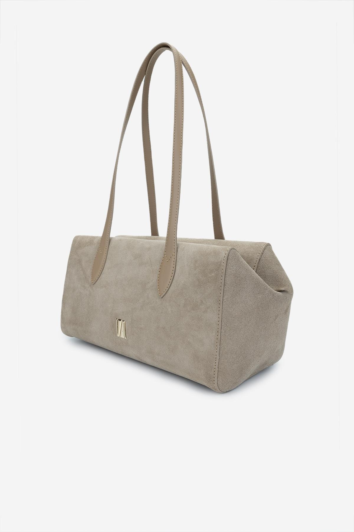 Valmenti Kadın Hakiki Deri Bej Süet Omuz Çanta