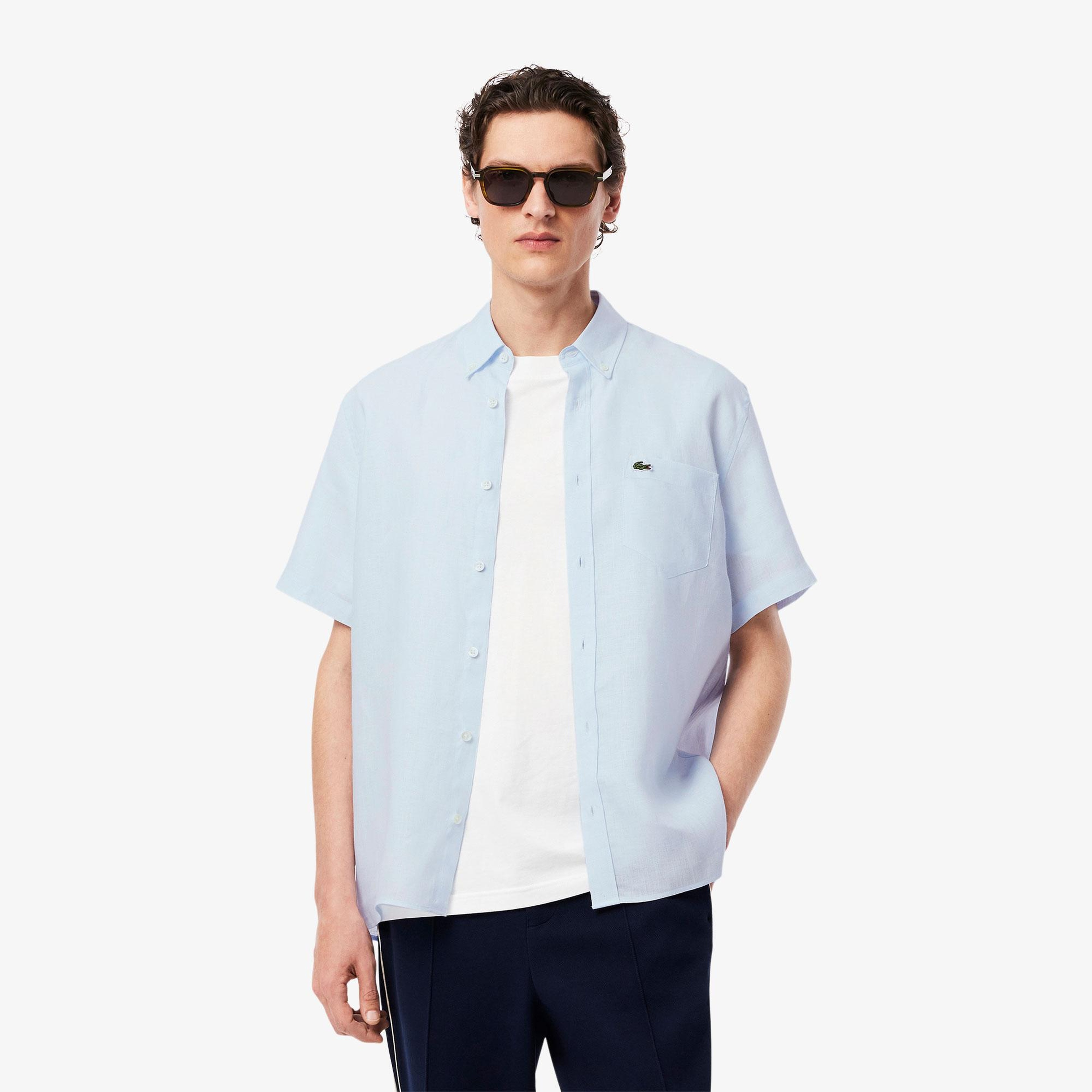 Lacoste Erkek Regular Fit Kısa Kollu Düğmeli Yaka Keten Açık Mavi Gömlek