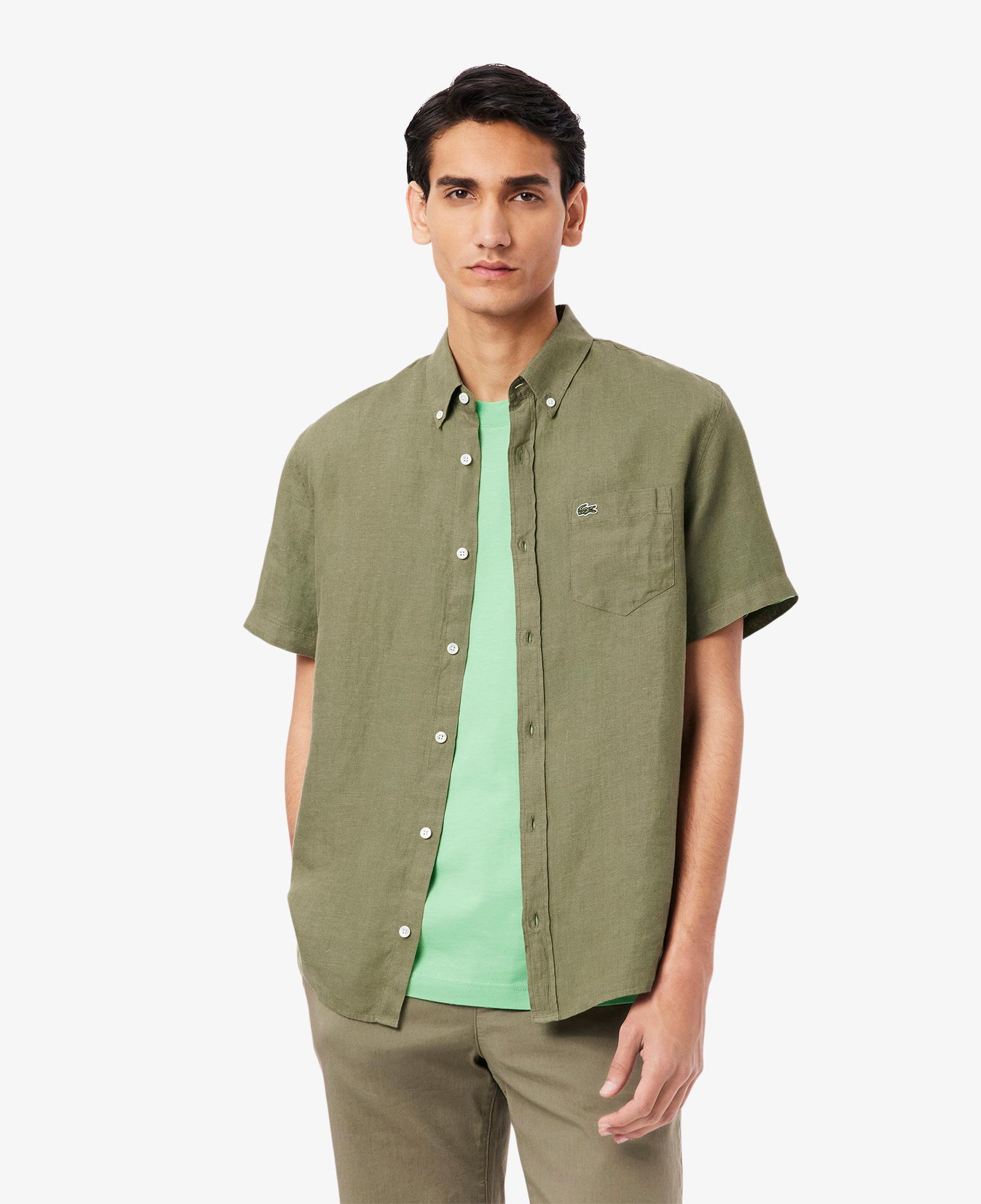 Lacoste Erkek Regular Fit Kısa Kollu Düğmeli Yaka Keten Haki Gömlek