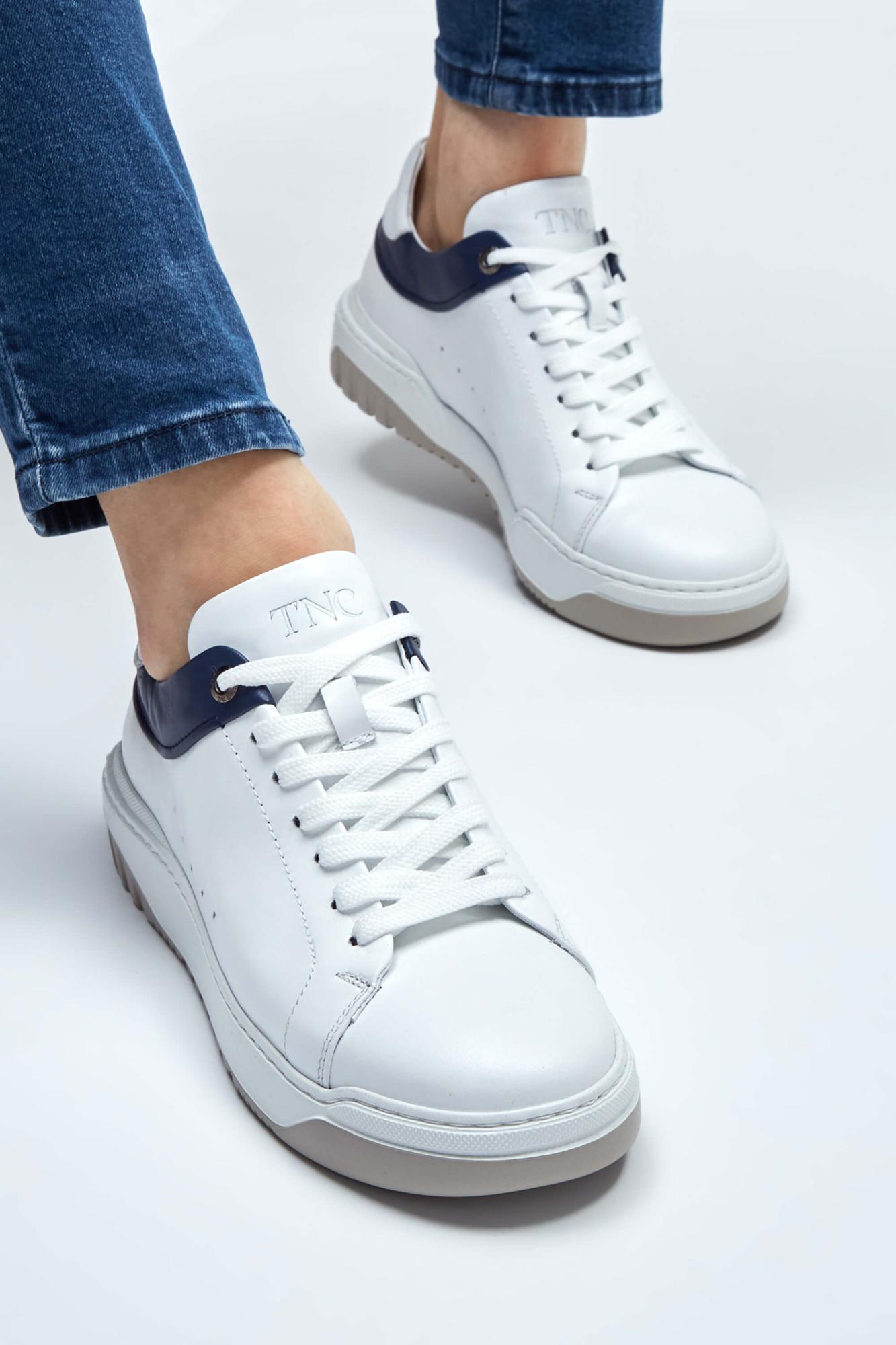 Tamer Tanca Erkek Hakiki Deri Beyaz/Mavi Sneakers & Spor Ayakkabı