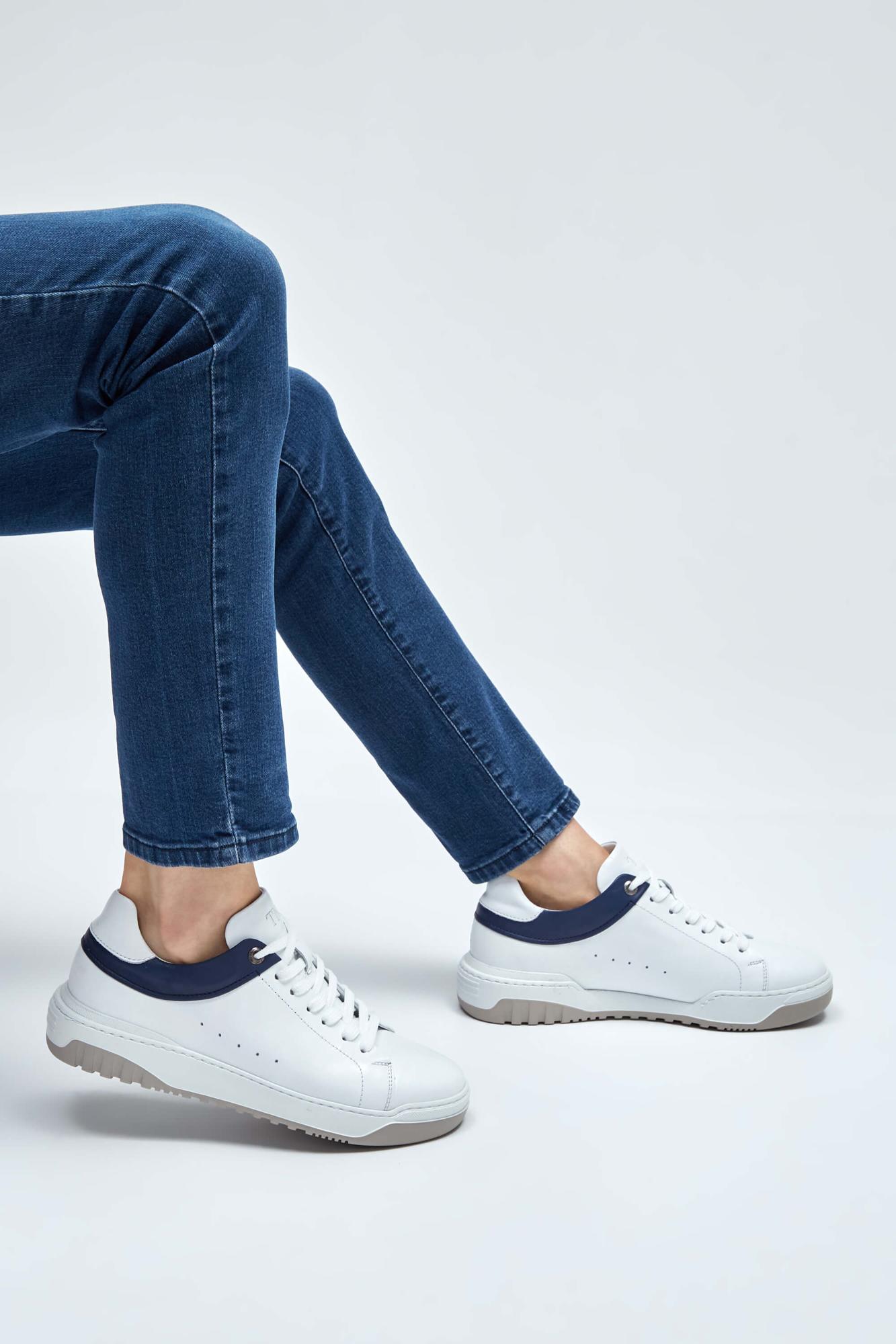 Tamer Tanca Erkek Hakiki Deri Beyaz/Mavi Sneakers & Spor Ayakkabı