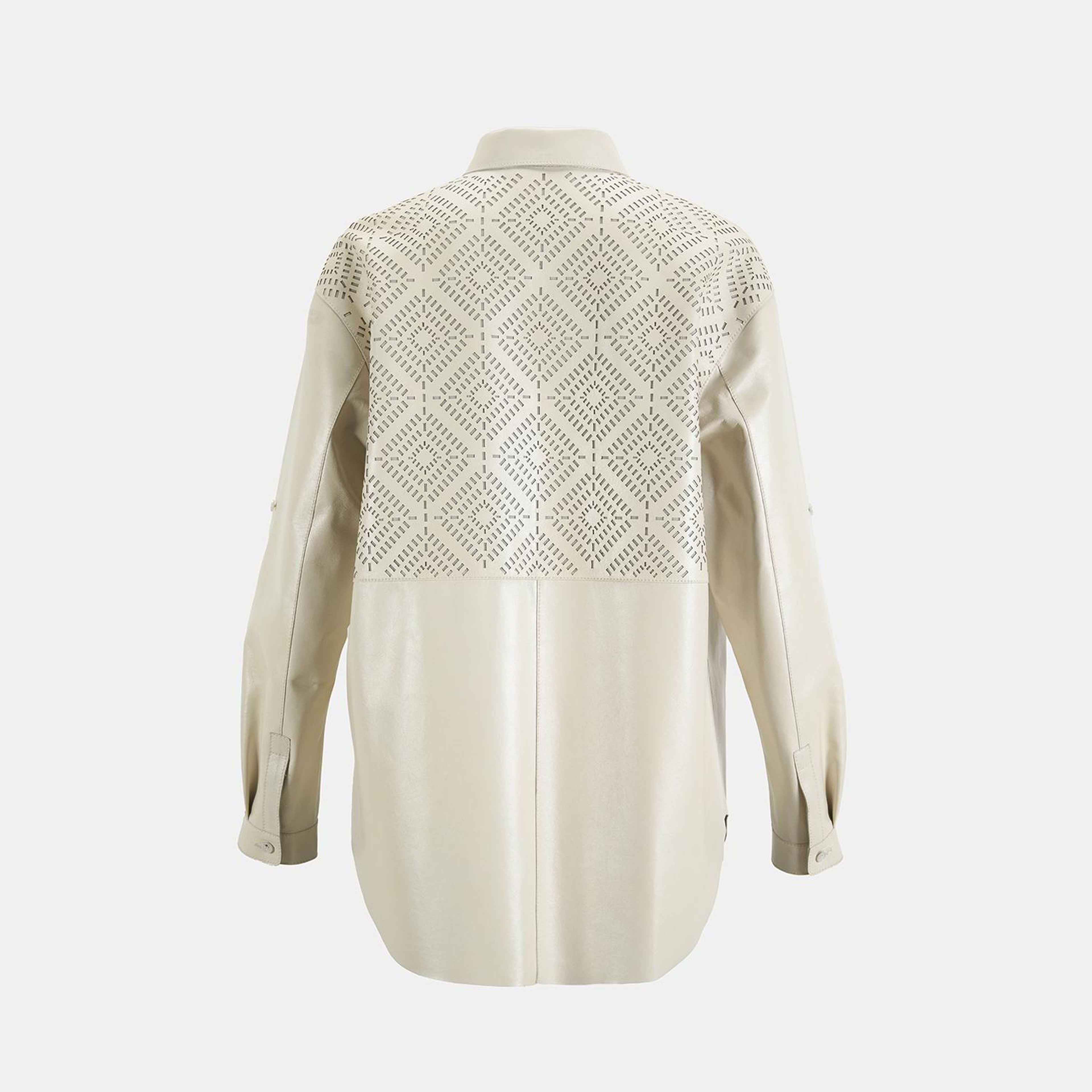 Kadın Beyaz Lazer Kesimli Geometrik Desenli Deri Gömlek