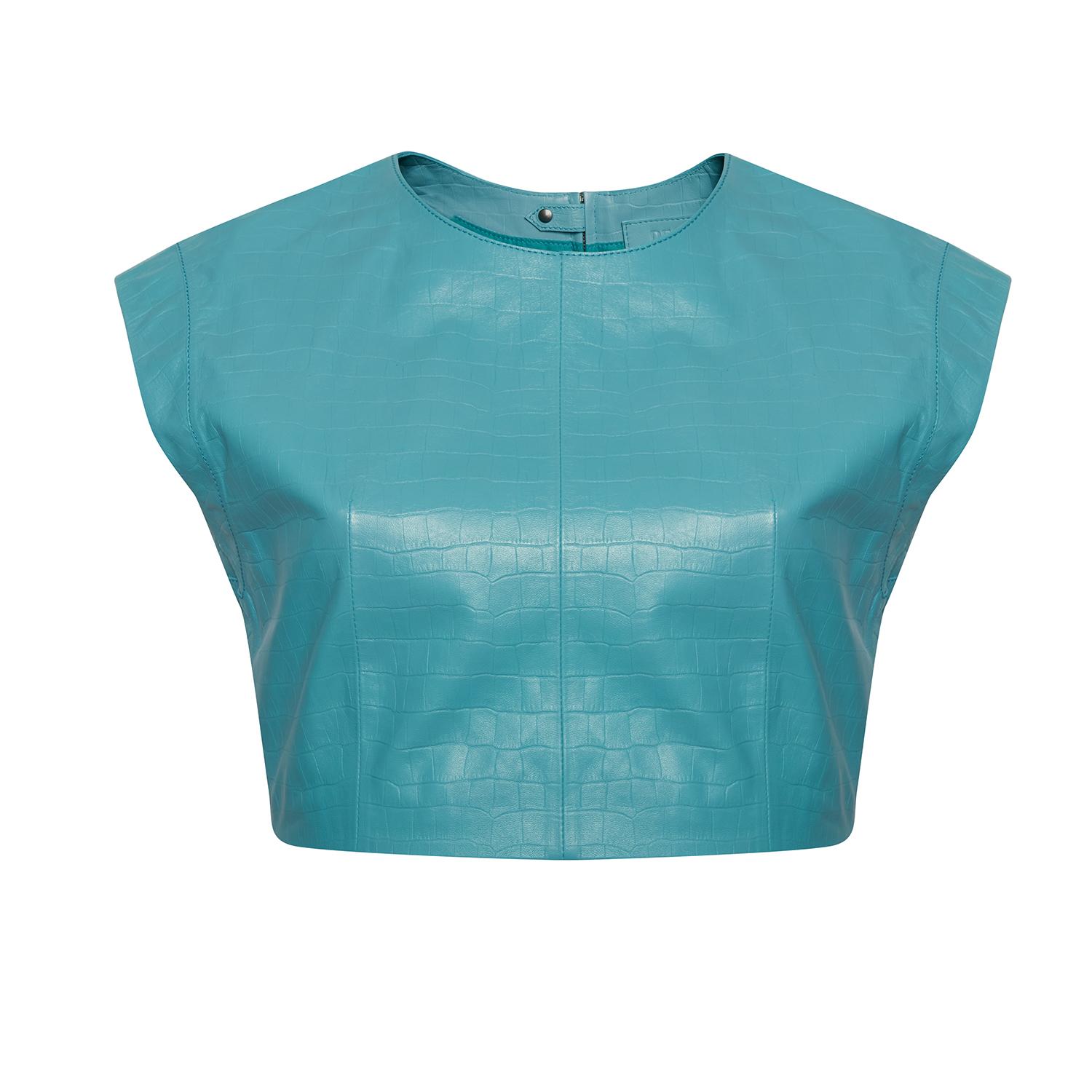 Luna Mavi Kadın Kroko Baskılı Deri Crop Top