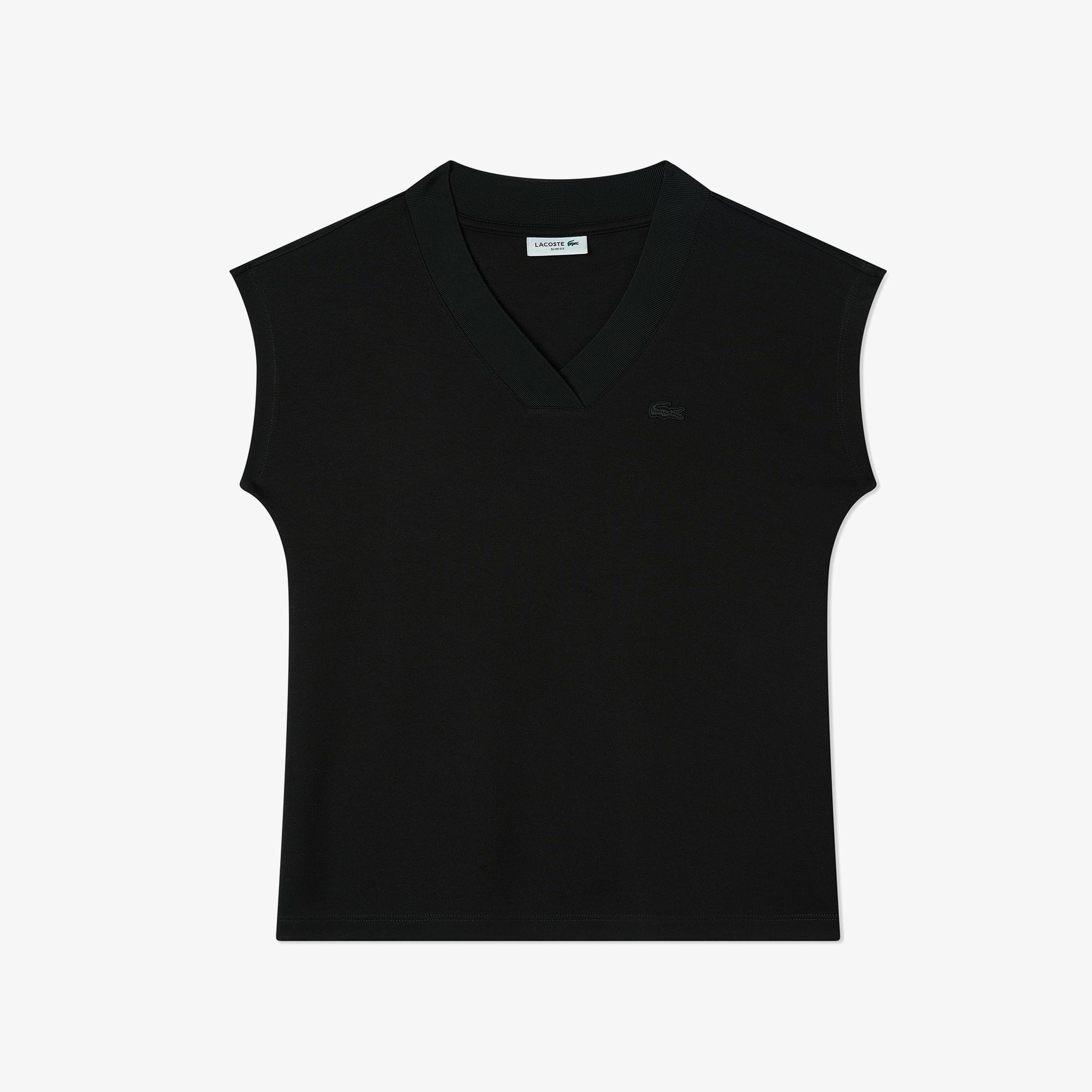 Lacoste Kadın Slim Fit V Yaka Siyah T-Shirt