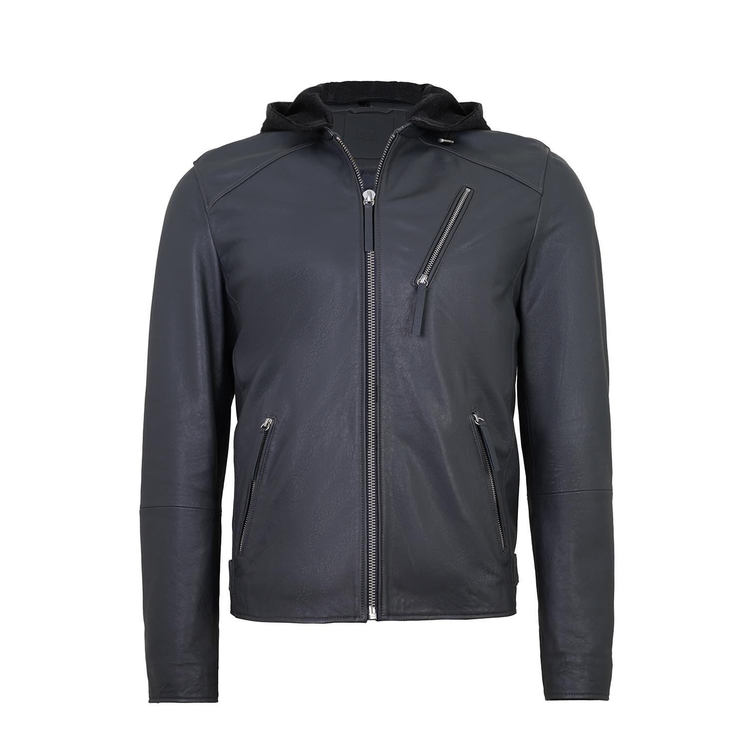 Aimone Gri Erkek Kapüşonlu Deri Ceket