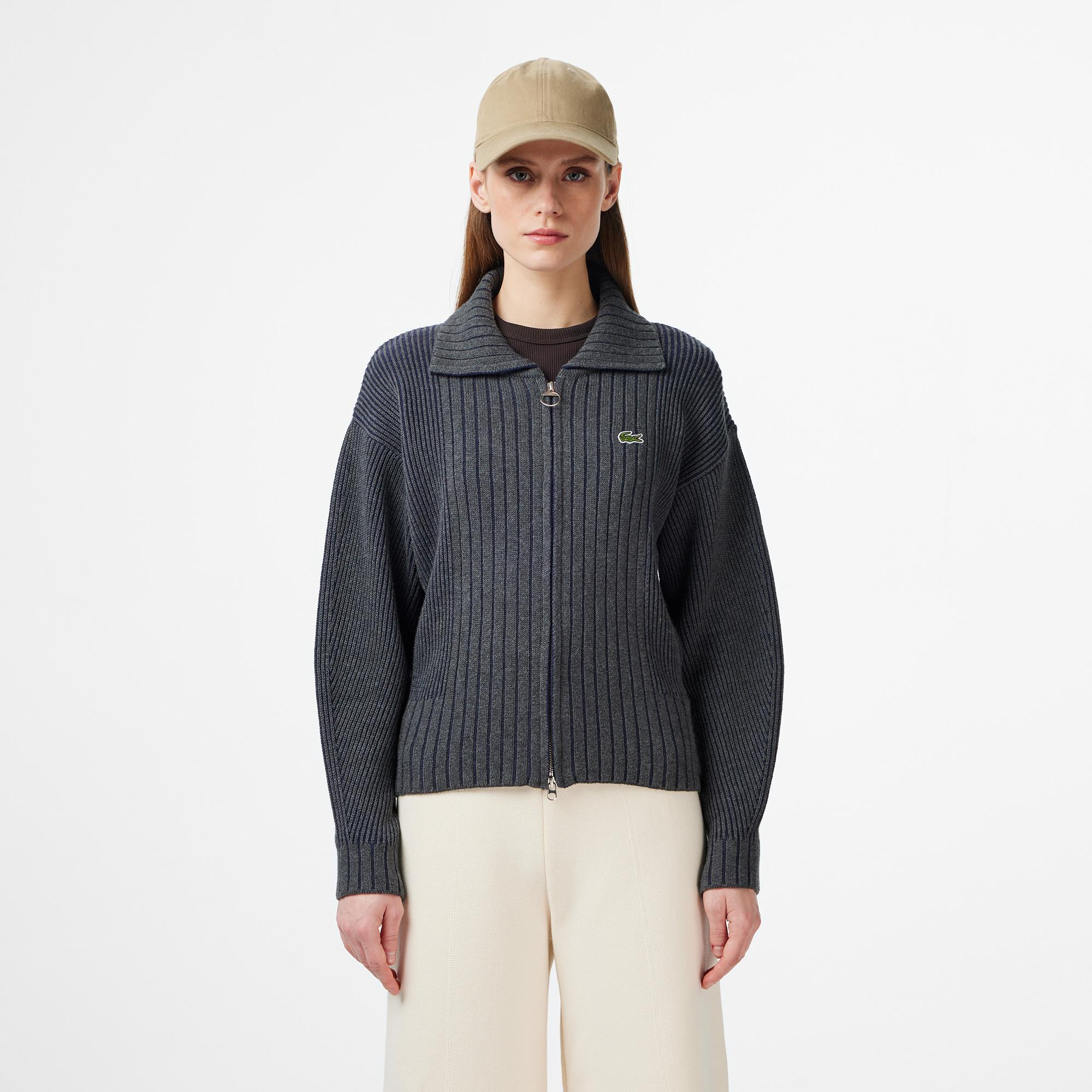 Lacoste Kadın Relaxed Fit Fermuarlı Gri Hırka