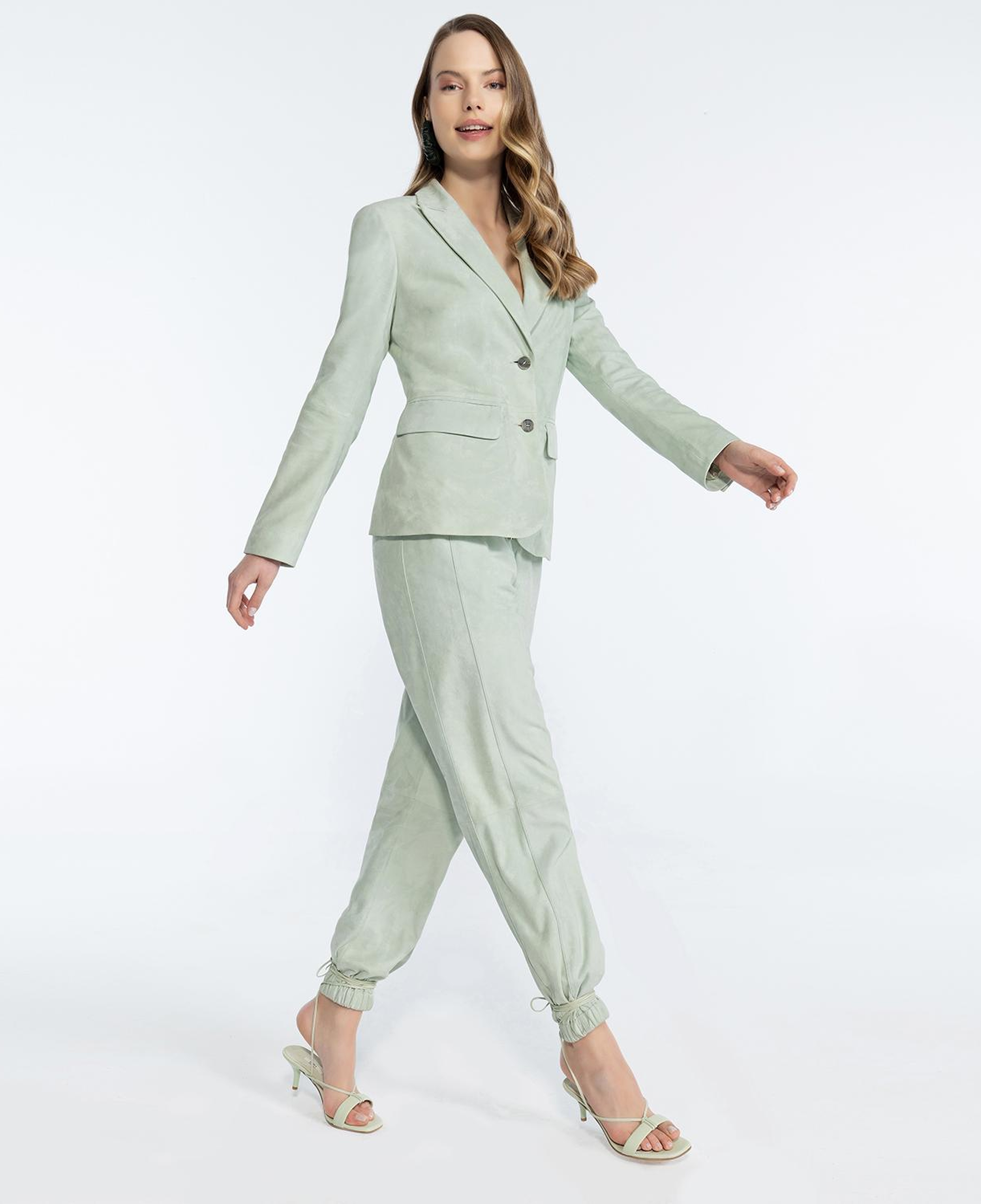 Tekla Mint Kadın Yüksek Bel Süet Jogging Deri Pantolon