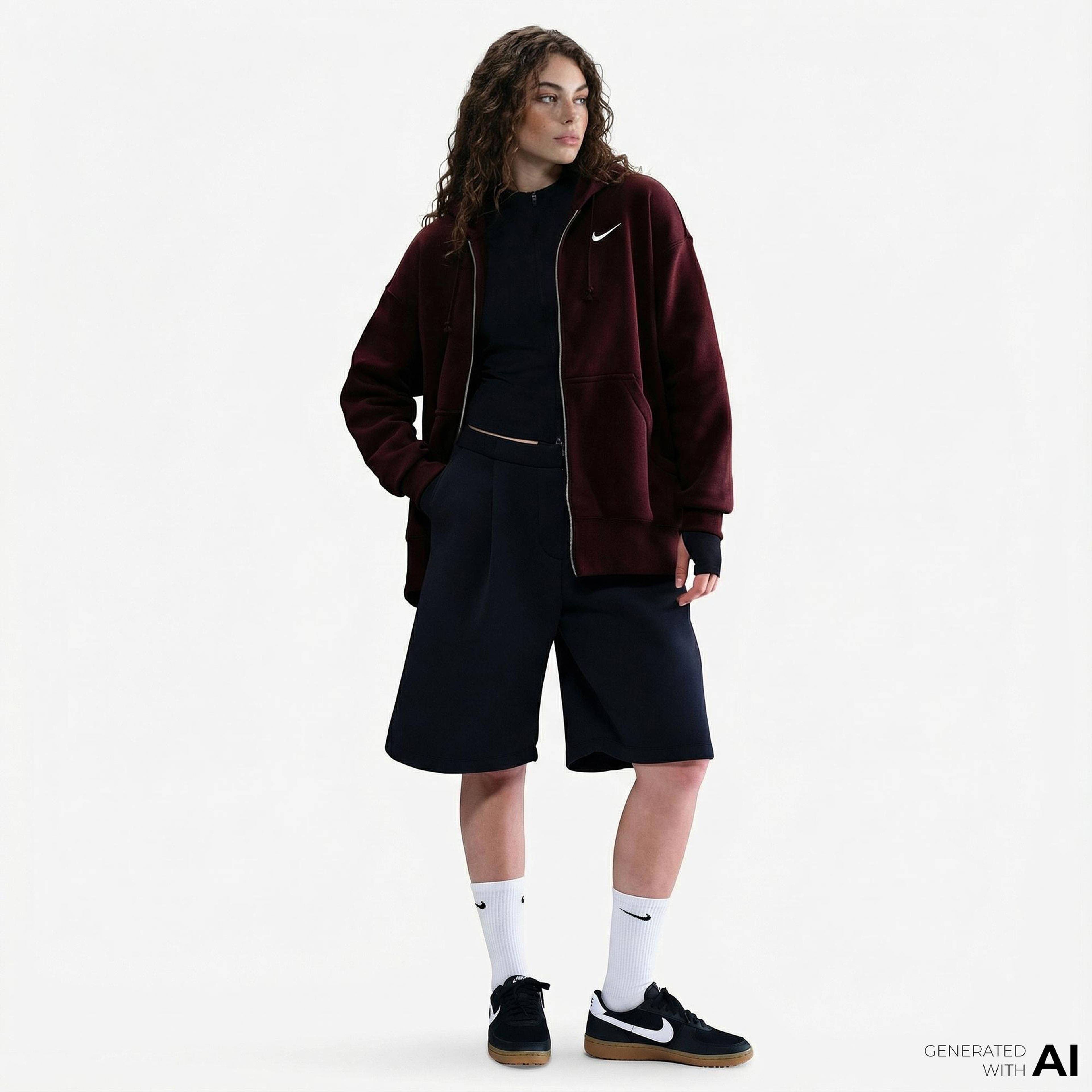 Nike Sportswear Phoenix Fleece Oversize Kadın Bordo Hoodie