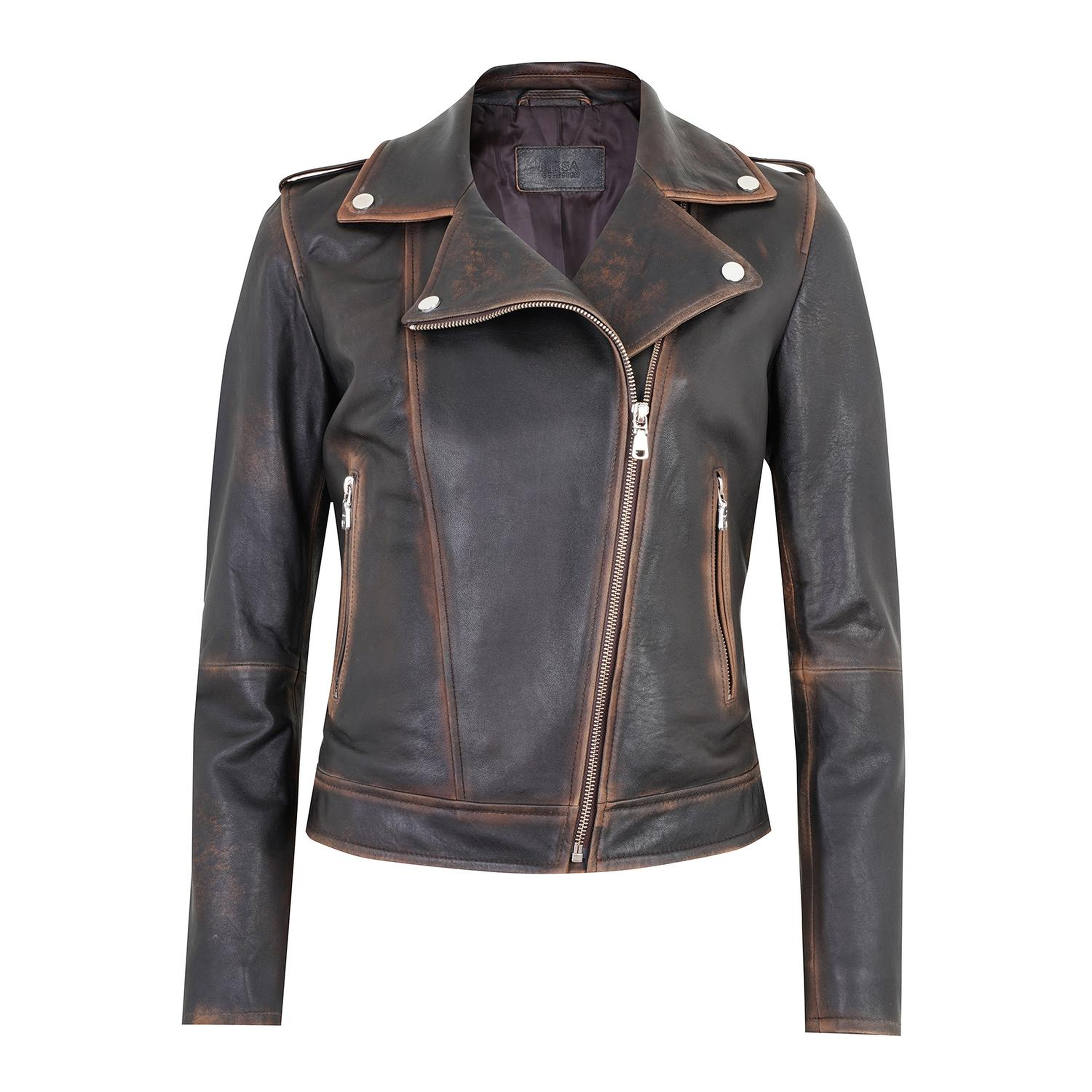 Benvolio Kahve Kadın Vintage Biker Deri Ceket