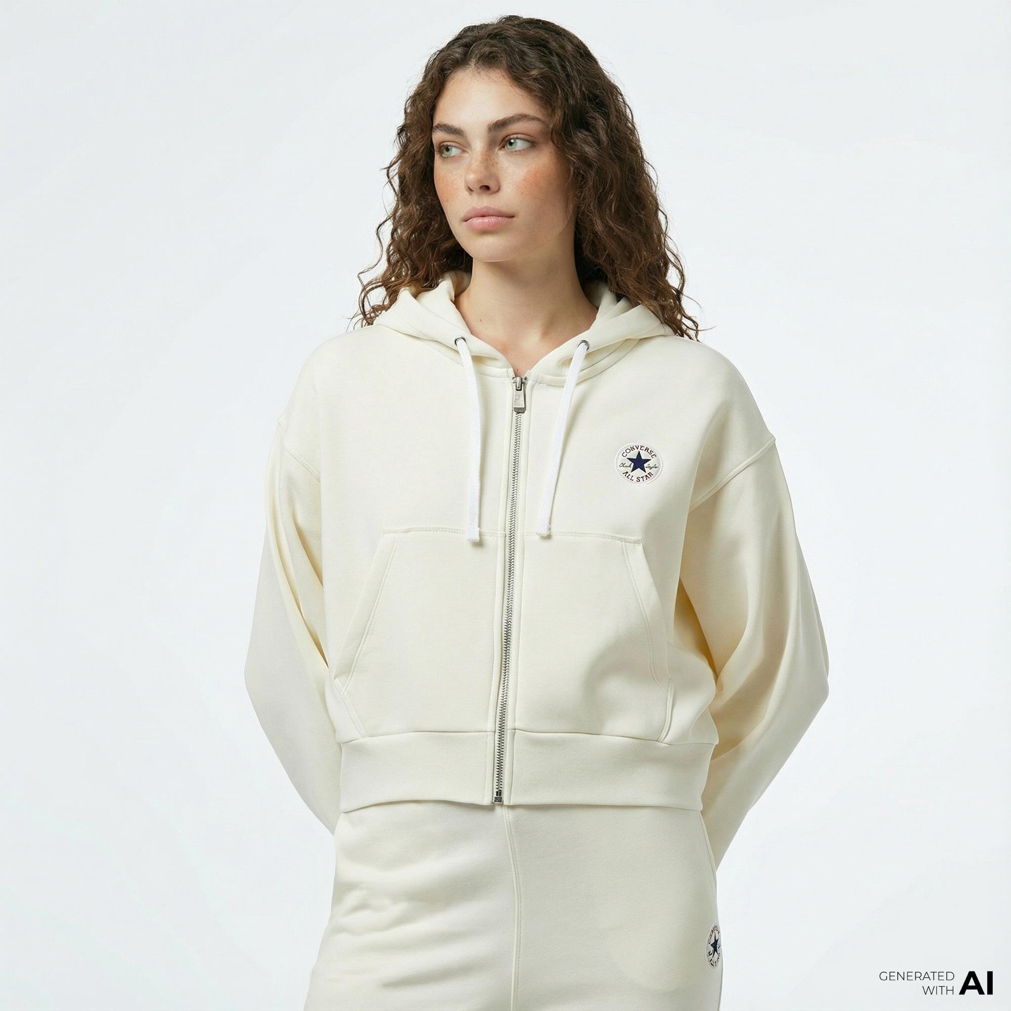 Converse Kadın Baskılı Krem Fermuarlı Hoodie