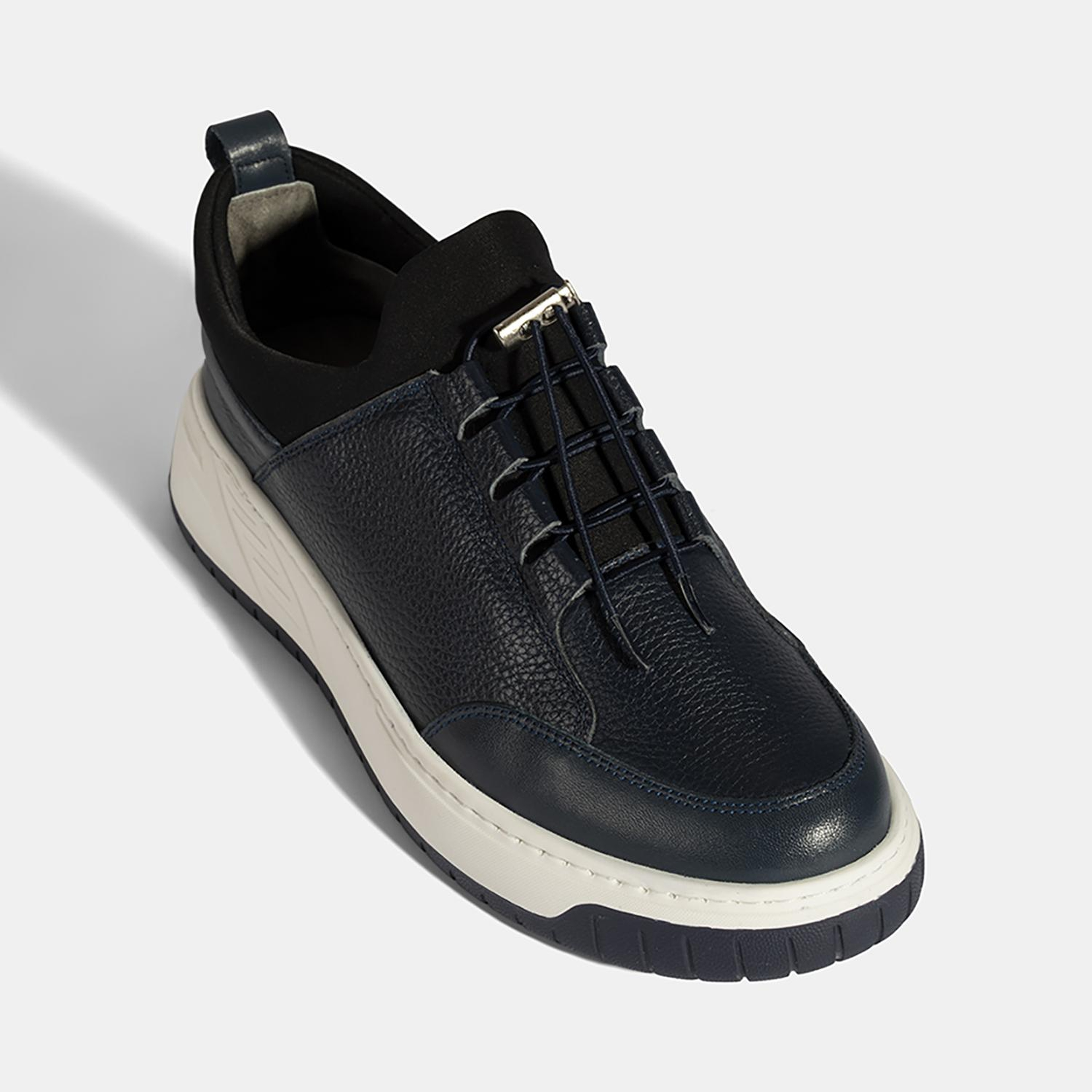 Erkek Lacivert Lastik Bağcıklı Deri Sneaker