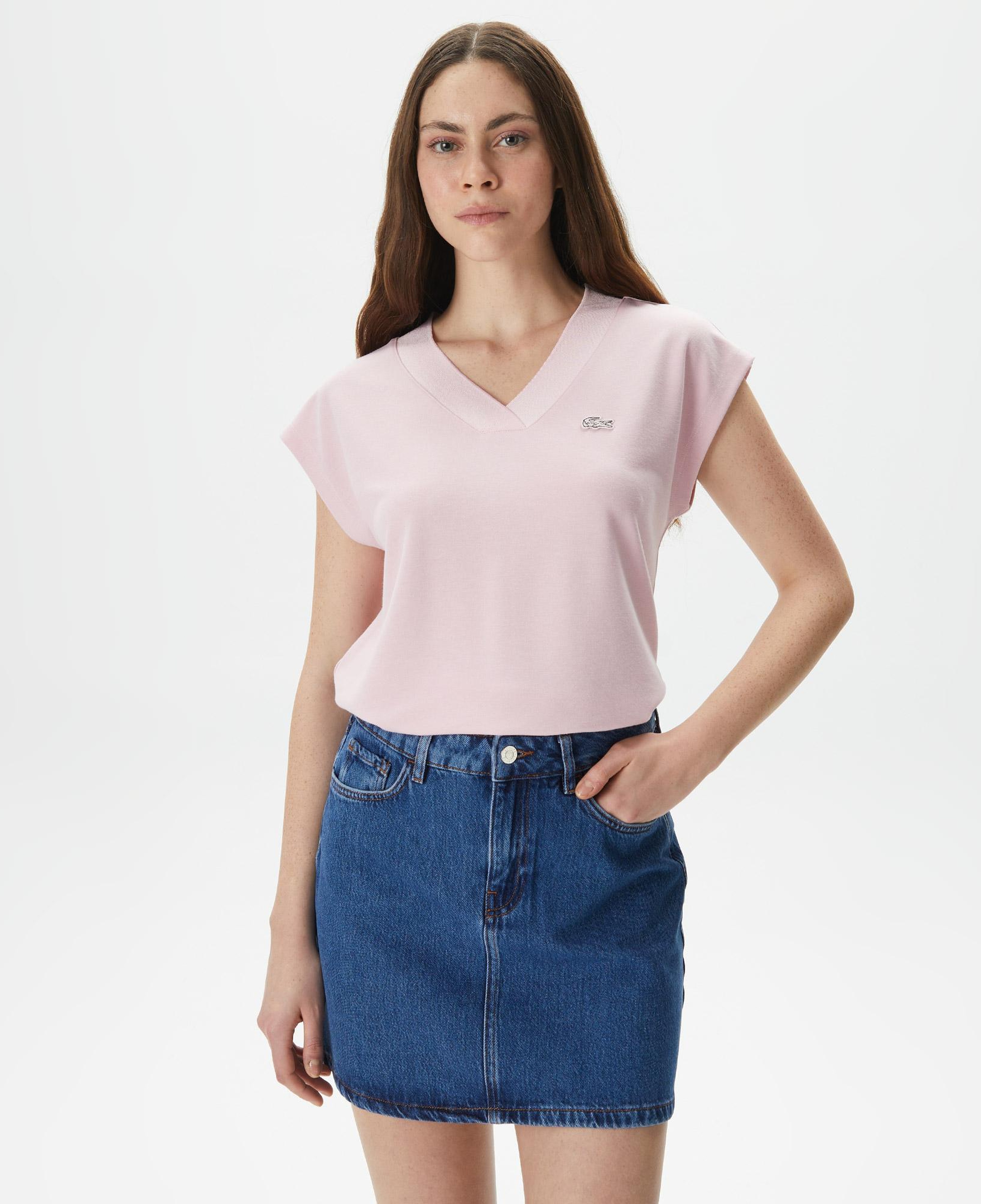 Lacoste Kadın Slim Fit V Yaka Açık Pembe T-Shirt