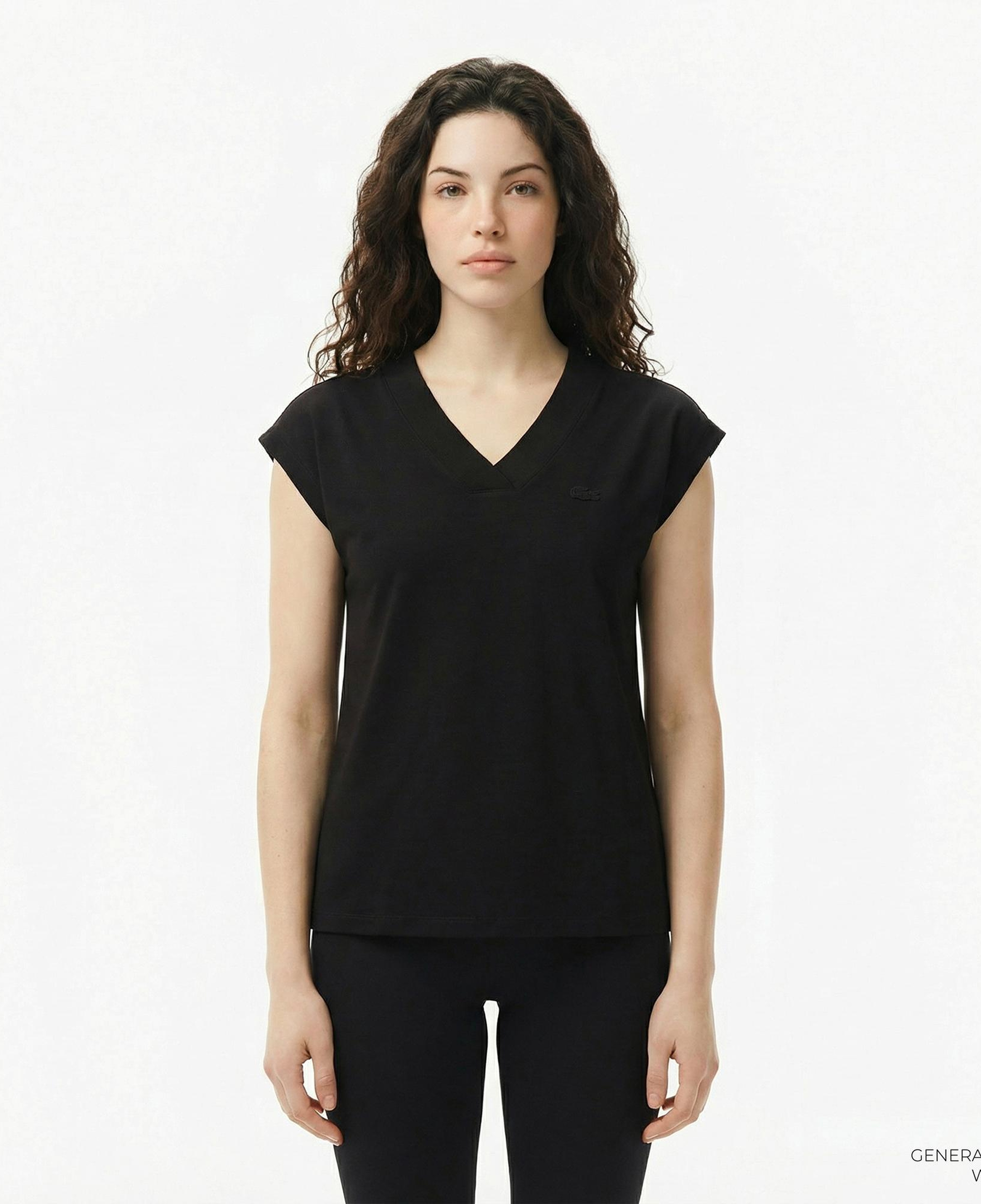 Lacoste Kadın Slim Fit V Yaka Siyah T-Shirt