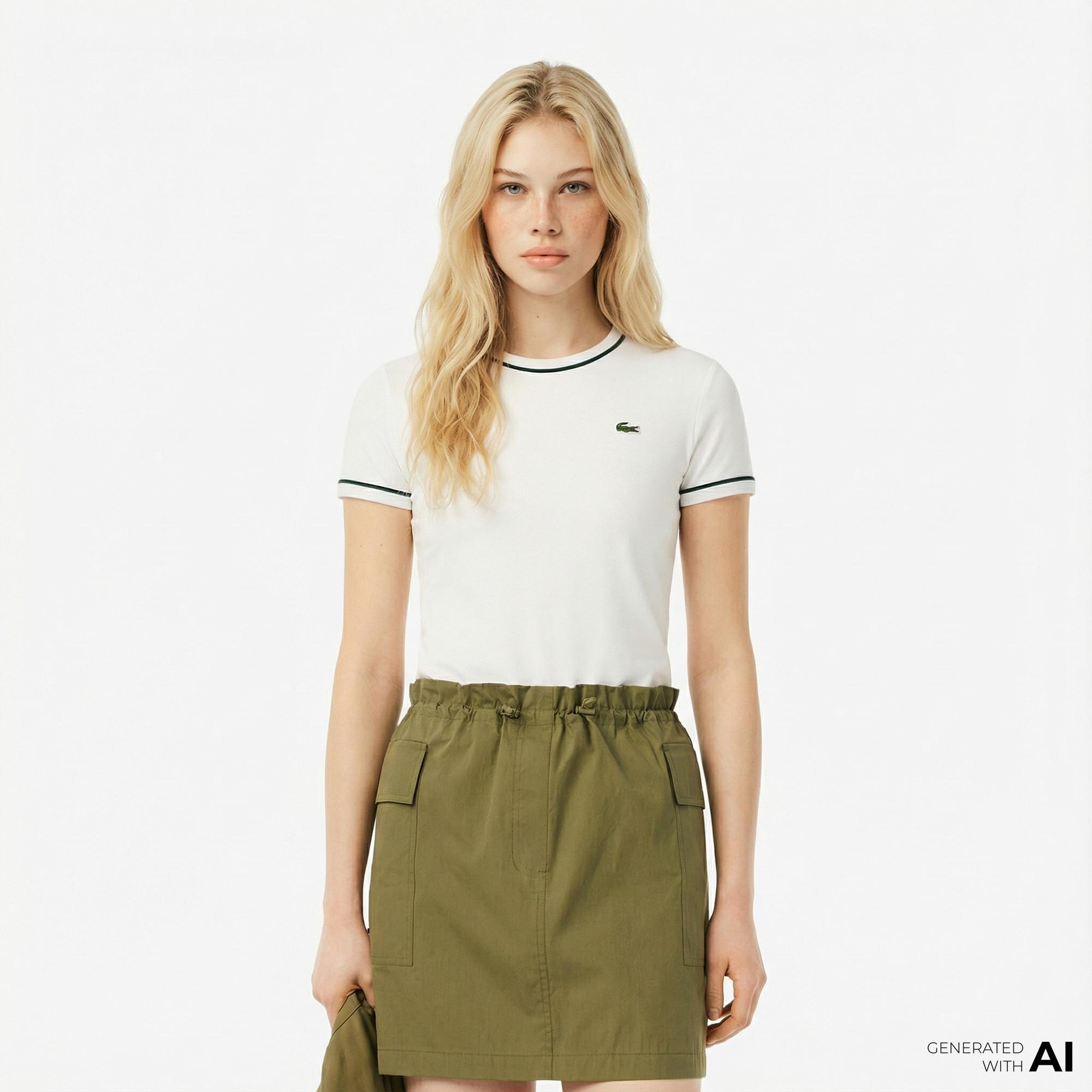 Lacoste Kadın Slim Fit Bisiklet Yaka Beyaz T-Shirt