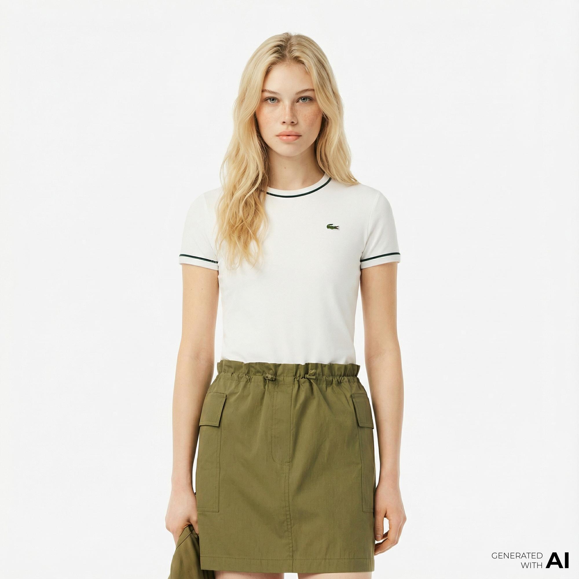 Lacoste Kadın Slim Fit Bisiklet Yaka Beyaz T-Shirt