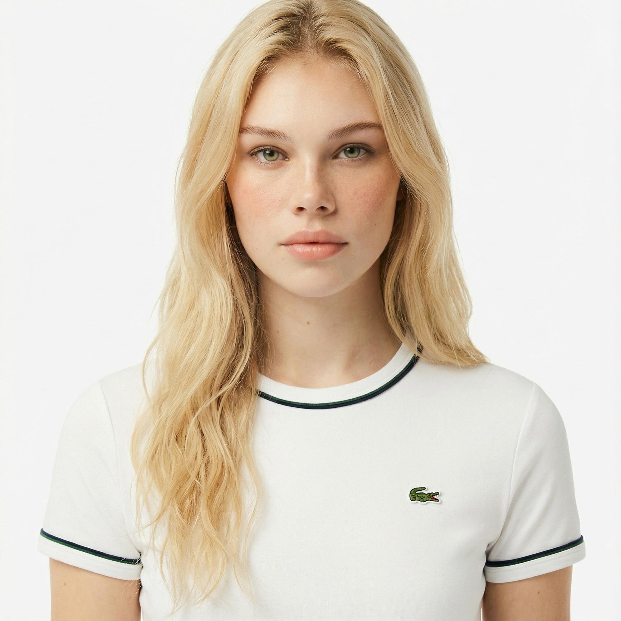 Lacoste Kadın Slim Fit Bisiklet Yaka Beyaz T-Shirt