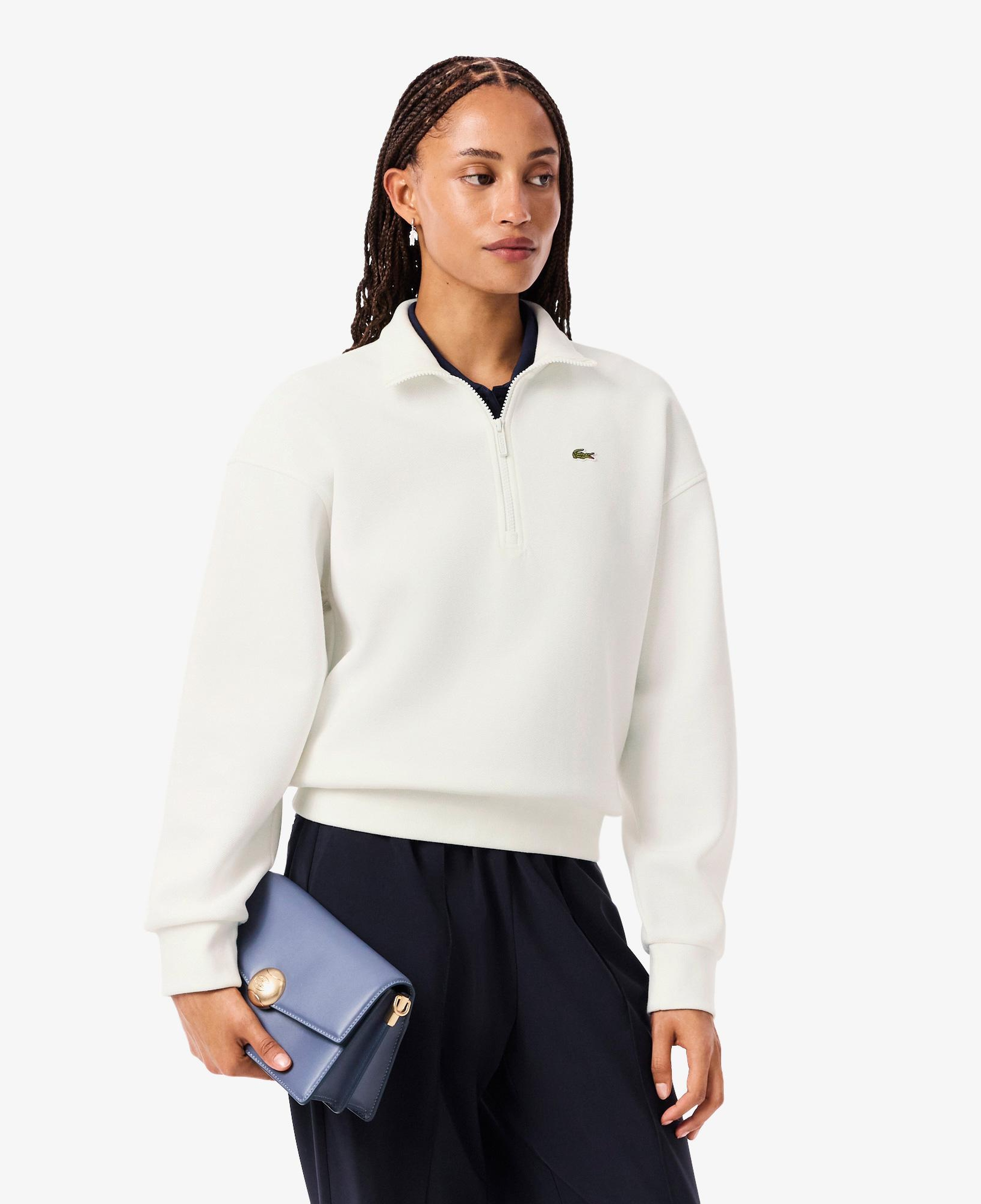 Lacoste Kadın Relaxed Fit Yarım Fermuarlı Beyaz Sweatshirt