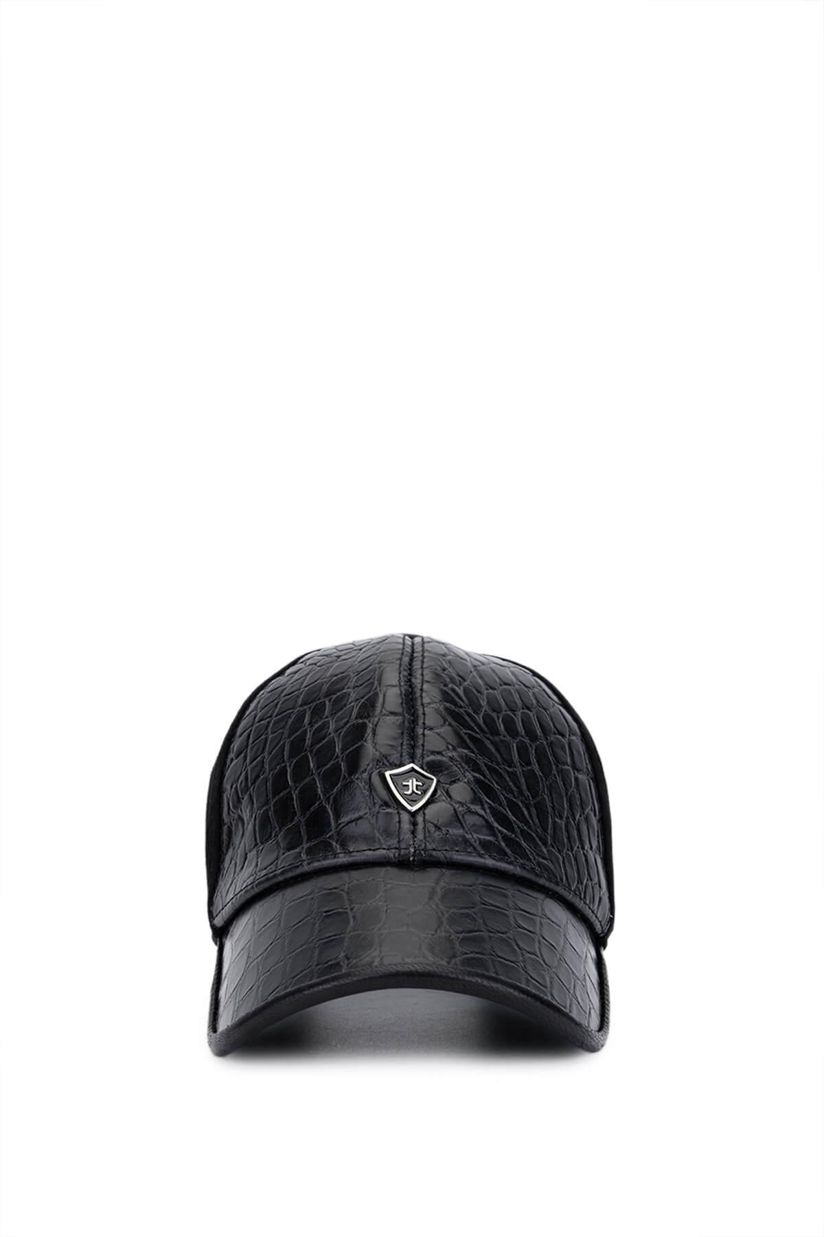 Tamer Tanca Erkek Hakiki Deri Siyah Kroko Beyzbol Şapka