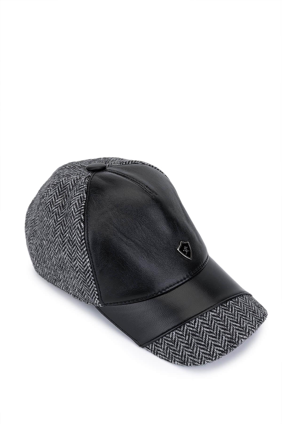 Tamer Tanca Erkek Deri & Tekstil Siyah/Gri Beyzbol Şapka