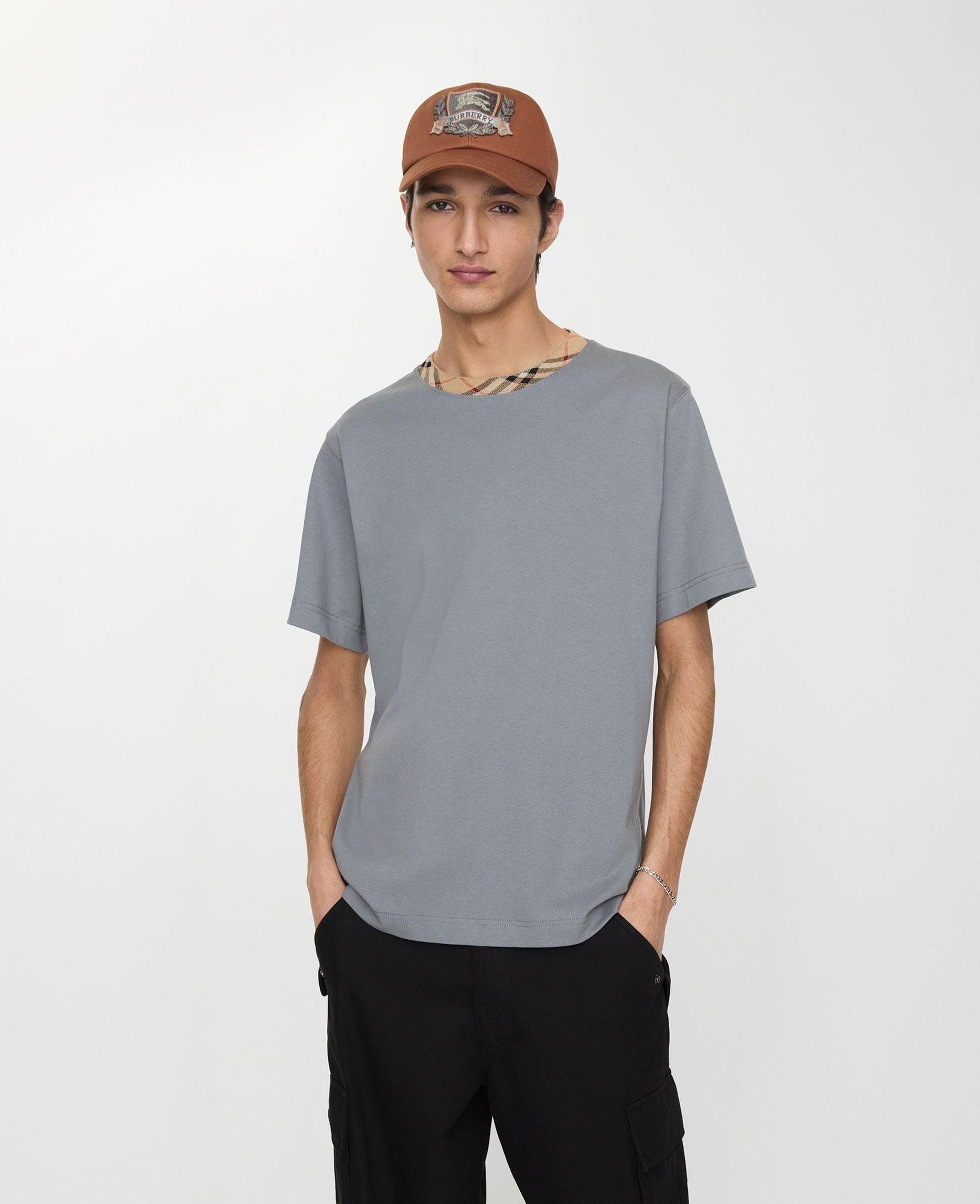 Burberry Check Trim Cotton Erkek Gri T-Shirt