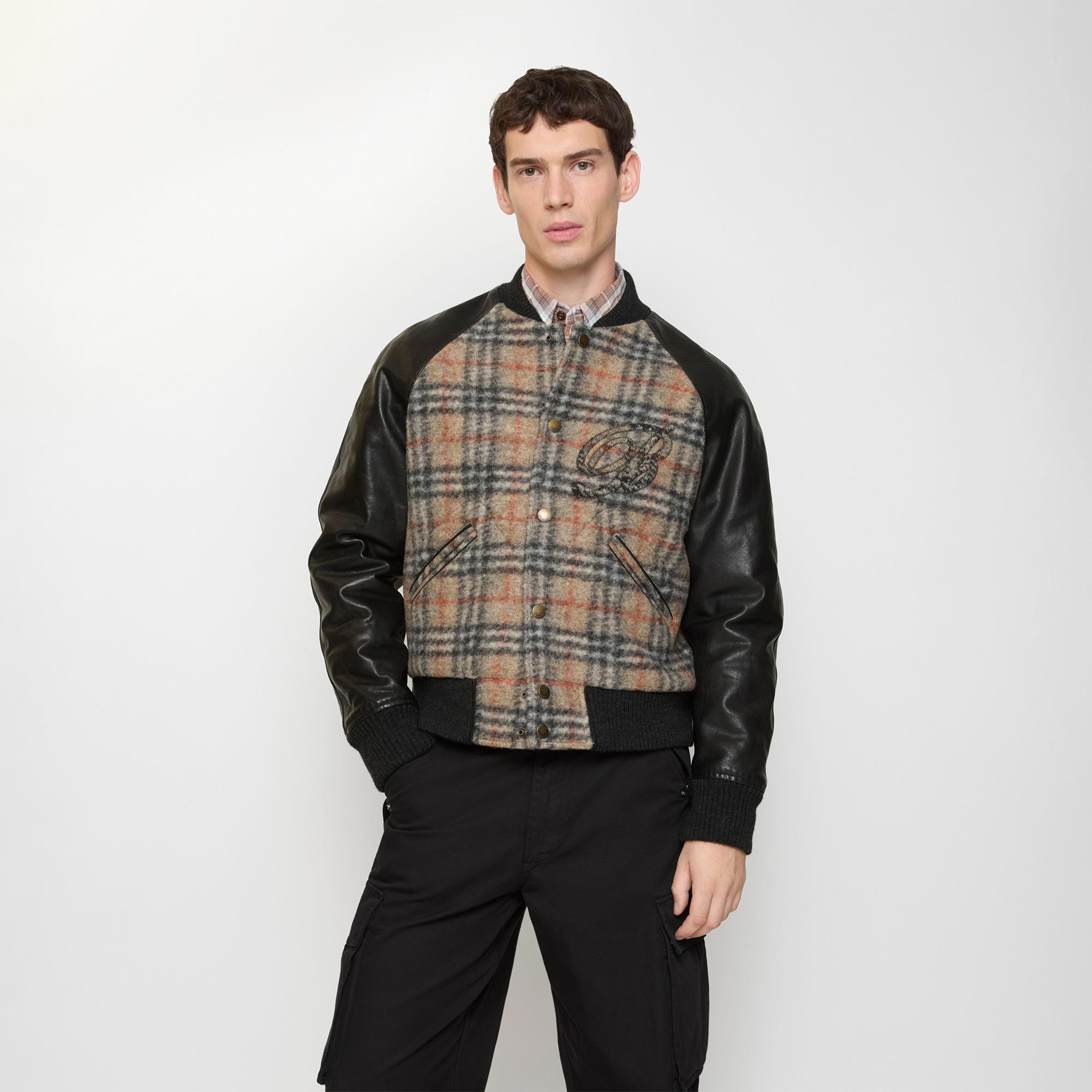 Burberry Check Wool And Leather Bomber Erkek Bej Bomber Mont