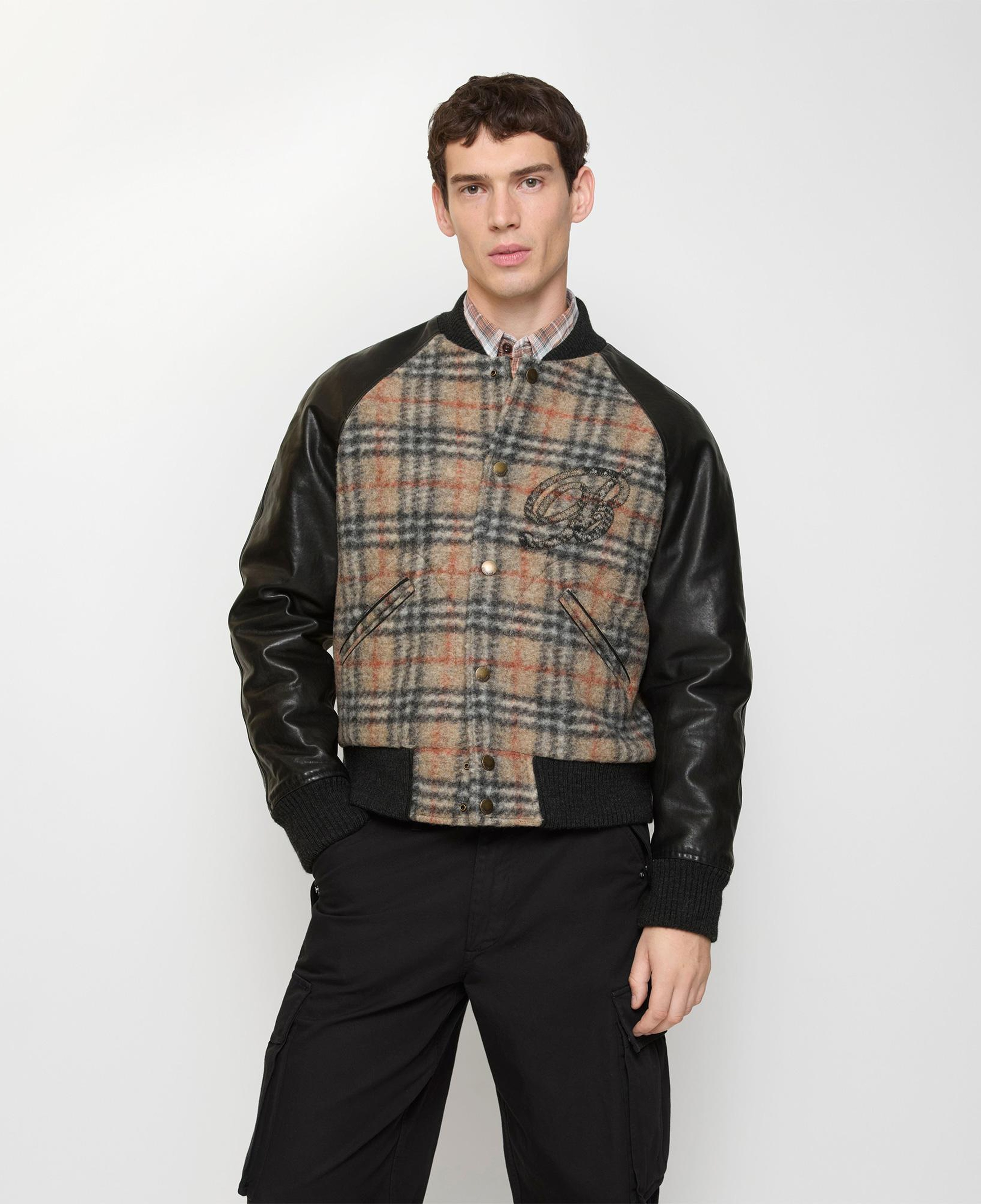 Burberry Check Wool And Leather Bomber Erkek Bej Bomber Mont