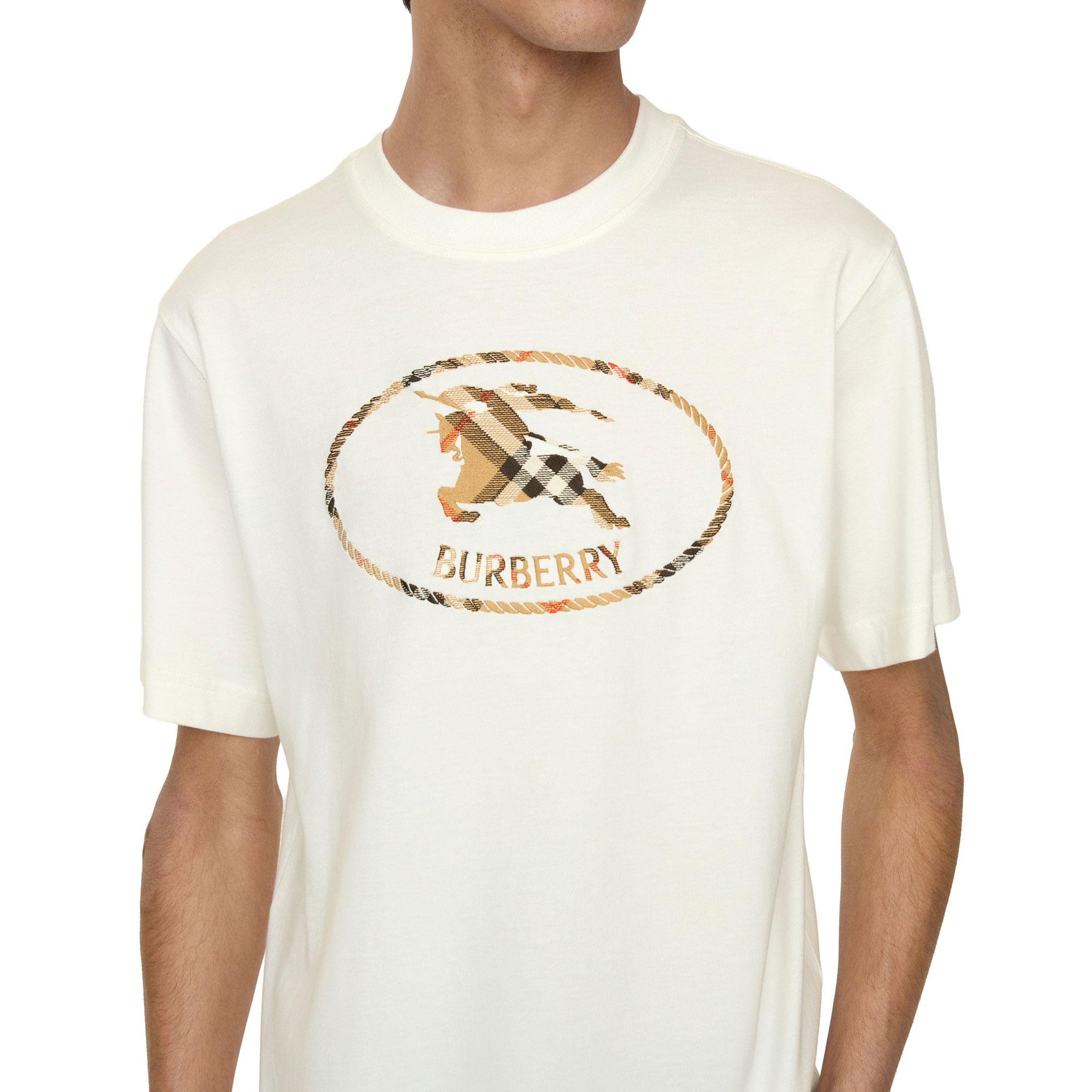 Burberry Check Knight Stamp Cotton Erkek Beyaz T-Shirt