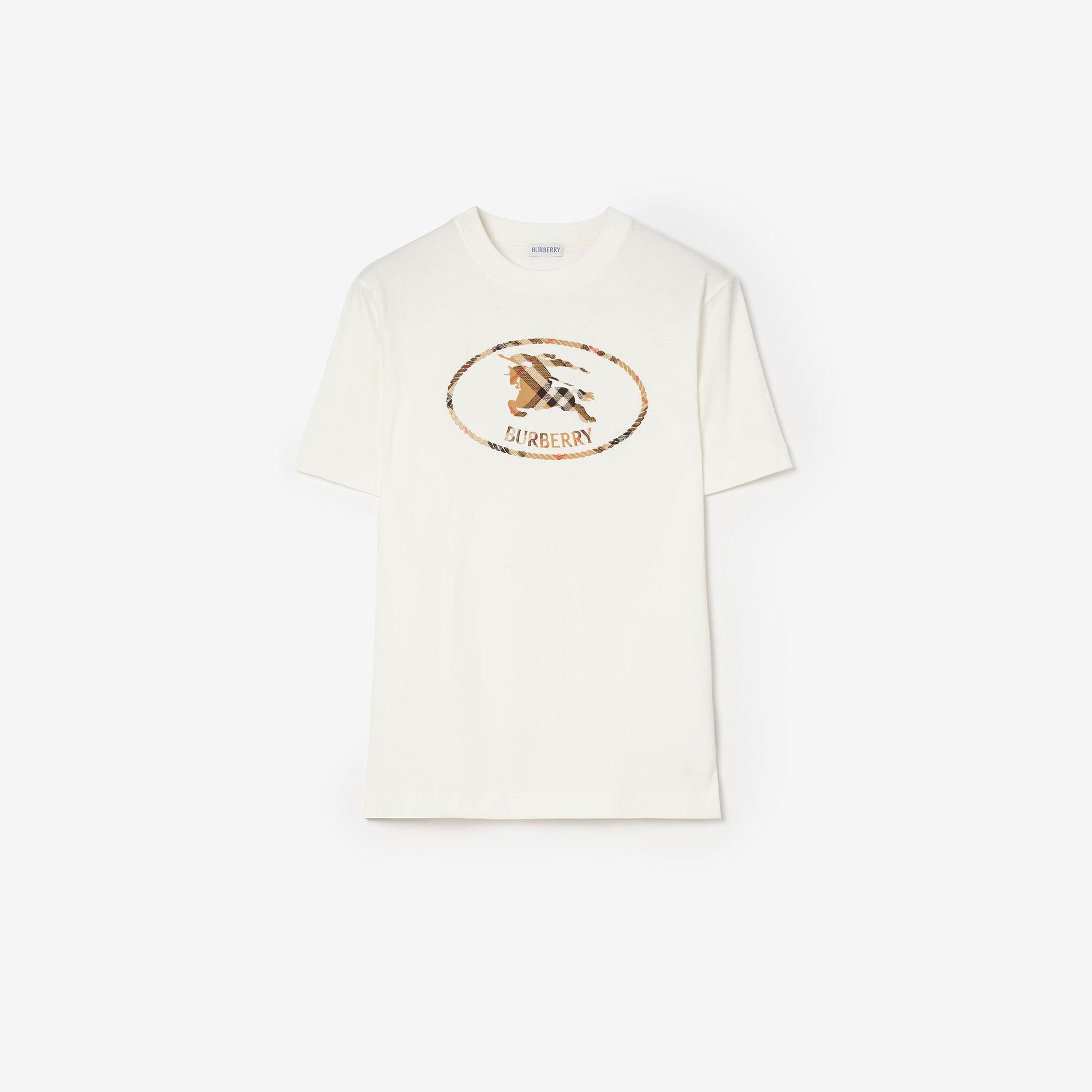 Burberry Check Knight Stamp Cotton Erkek Beyaz T-Shirt