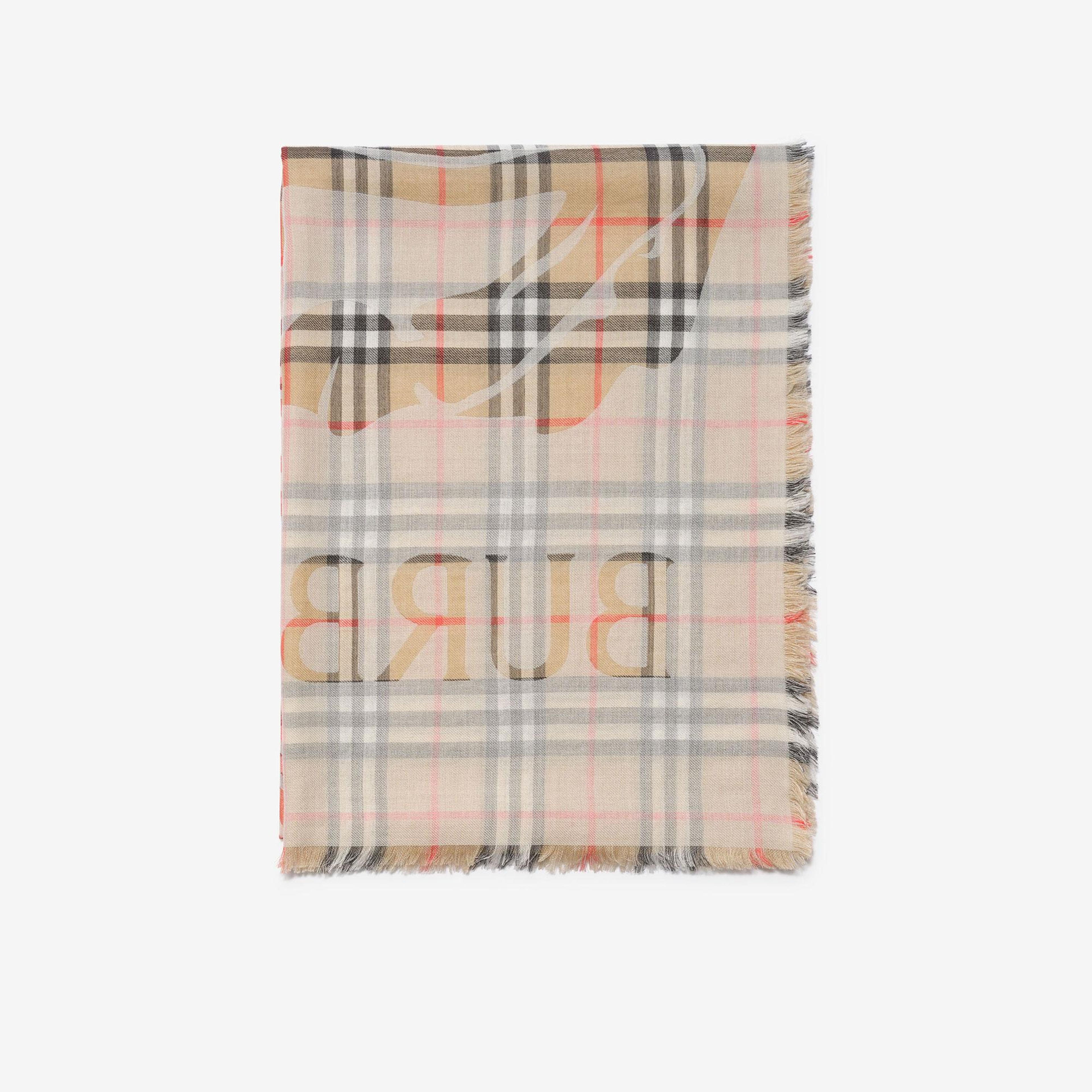 Burberry Wide Ekd Check Wool Silk Kadın Bej Atkı