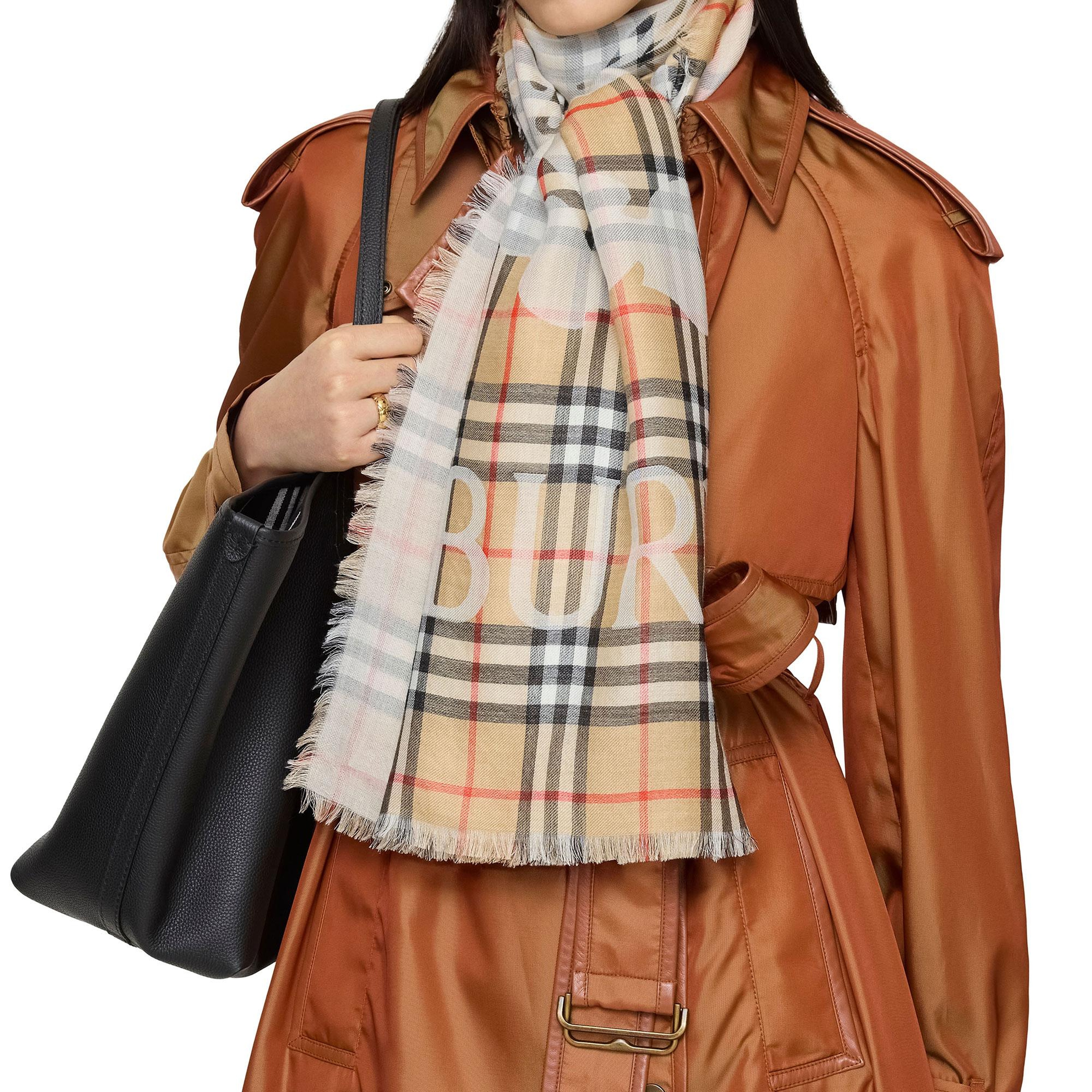 Burberry Wide Ekd Check Wool Silk Kadın Bej Atkı