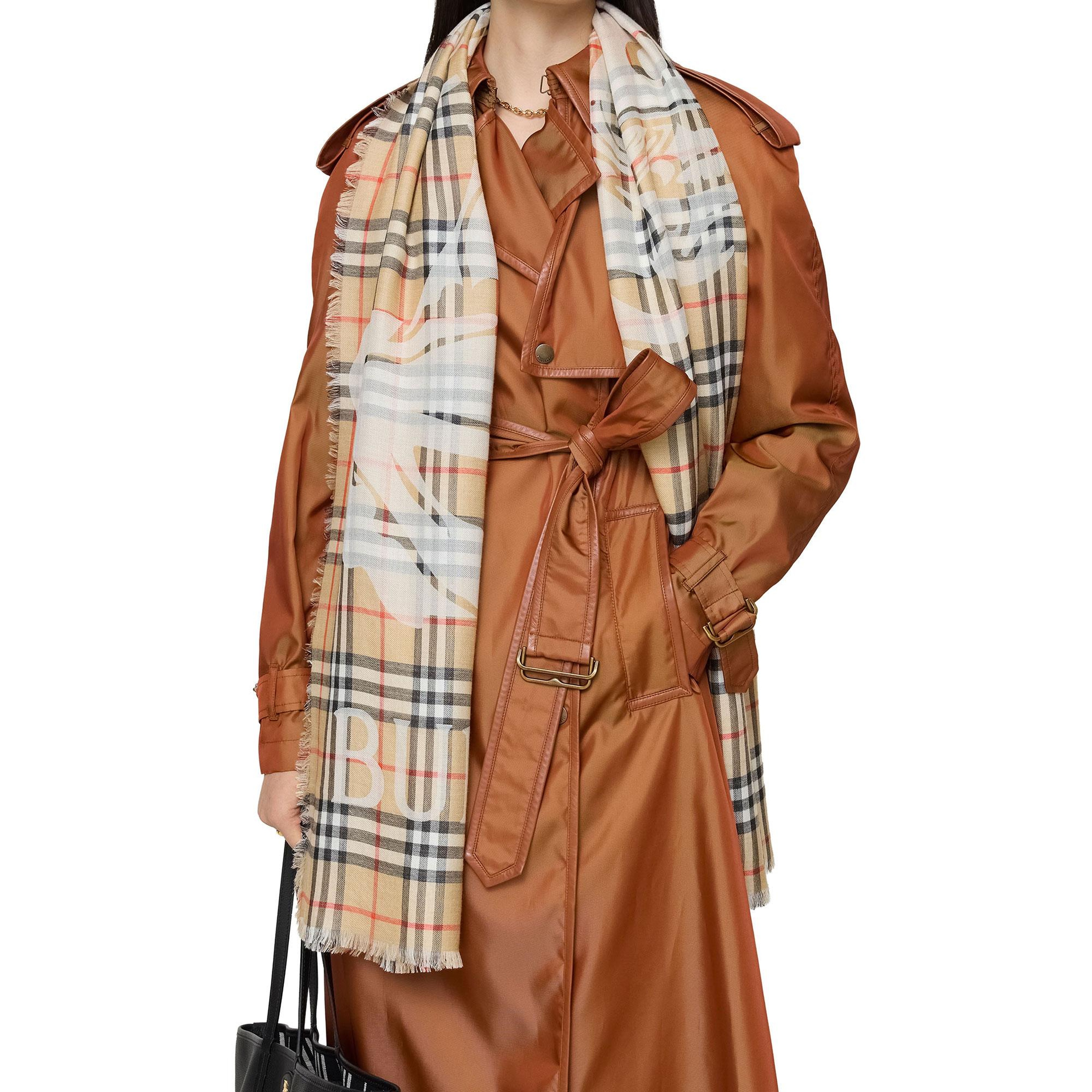 Burberry Wide Ekd Check Wool Silk Kadın Bej Atkı