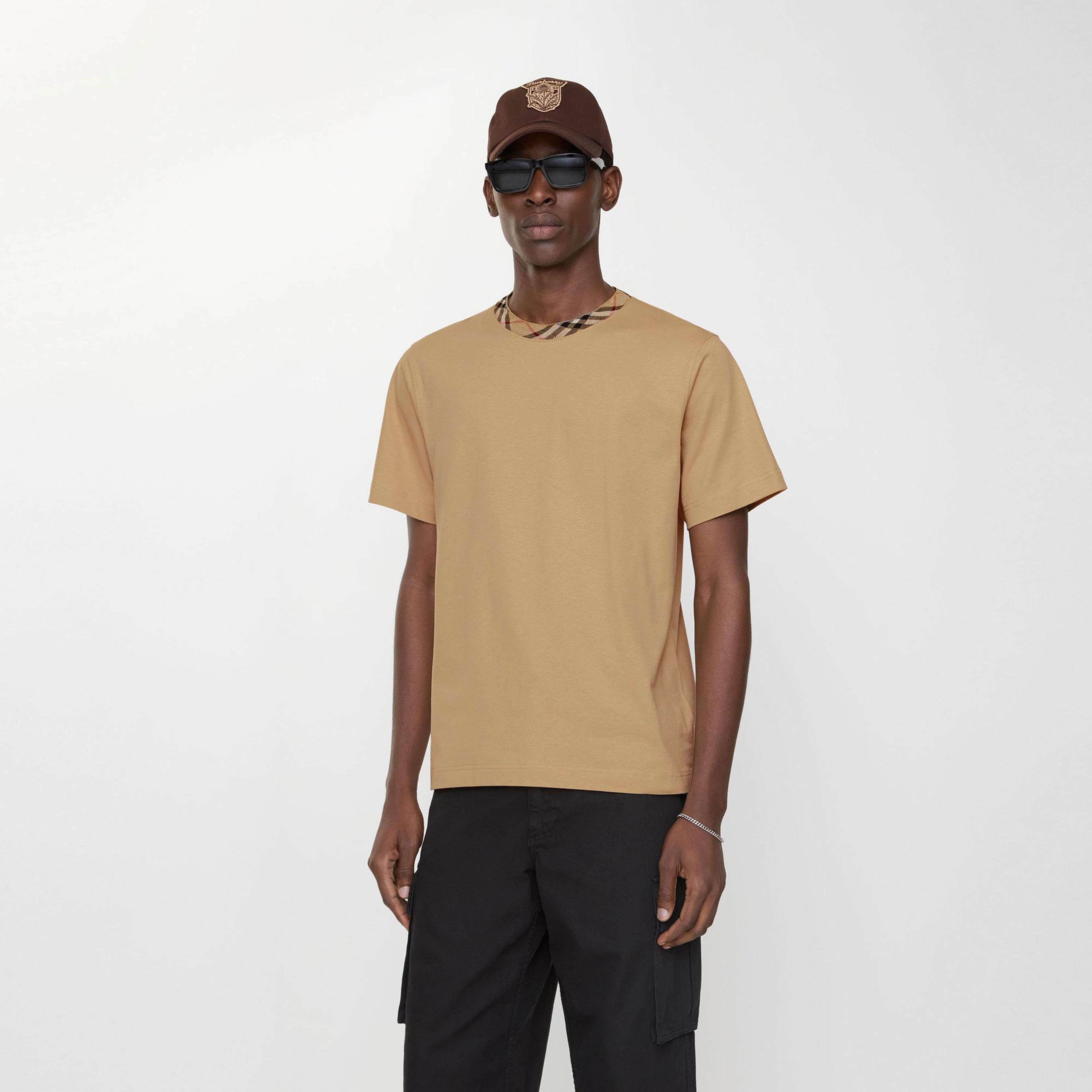 Burberry Check Trim Cotton Erkek Bej T-Shirt