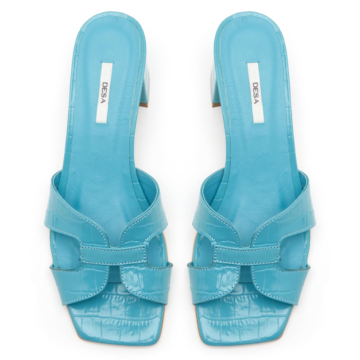Kadın Turkuaz Kroko Baskılı Deri Terlik