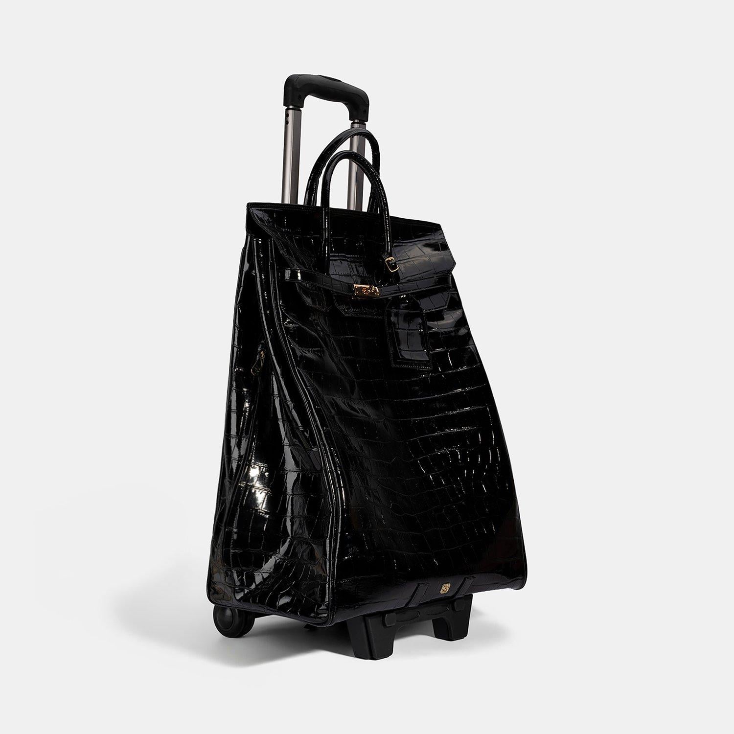 Siyah Kroko Baskılı Rugan Deri Kabin Valiz