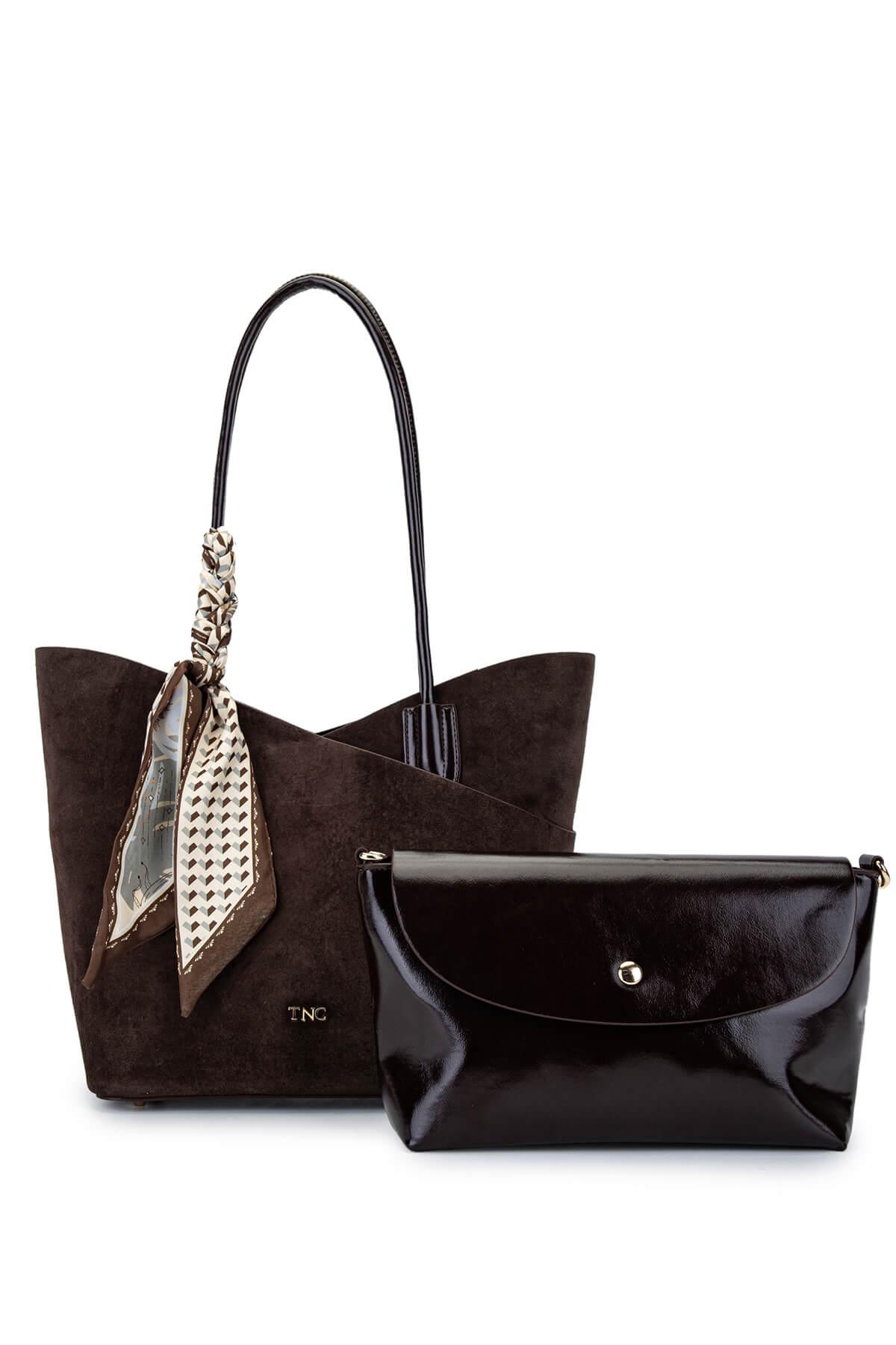 Tamer Tanca Kadın Suni Deri Kahverengi Süet Kol Çantası