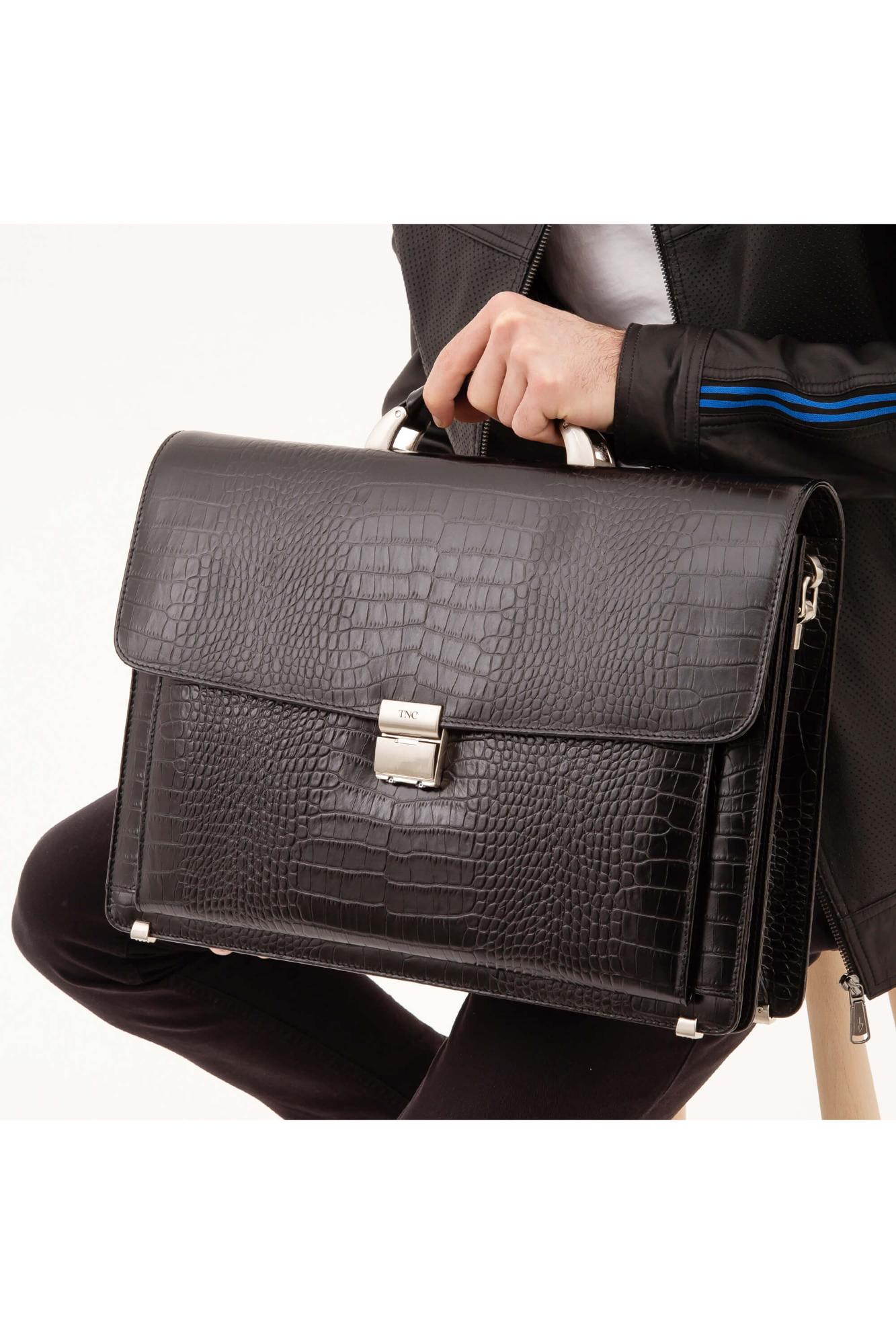 Tamer Tanca Erkek Hakiki Deri Siyah Kroko Evrak Çantası