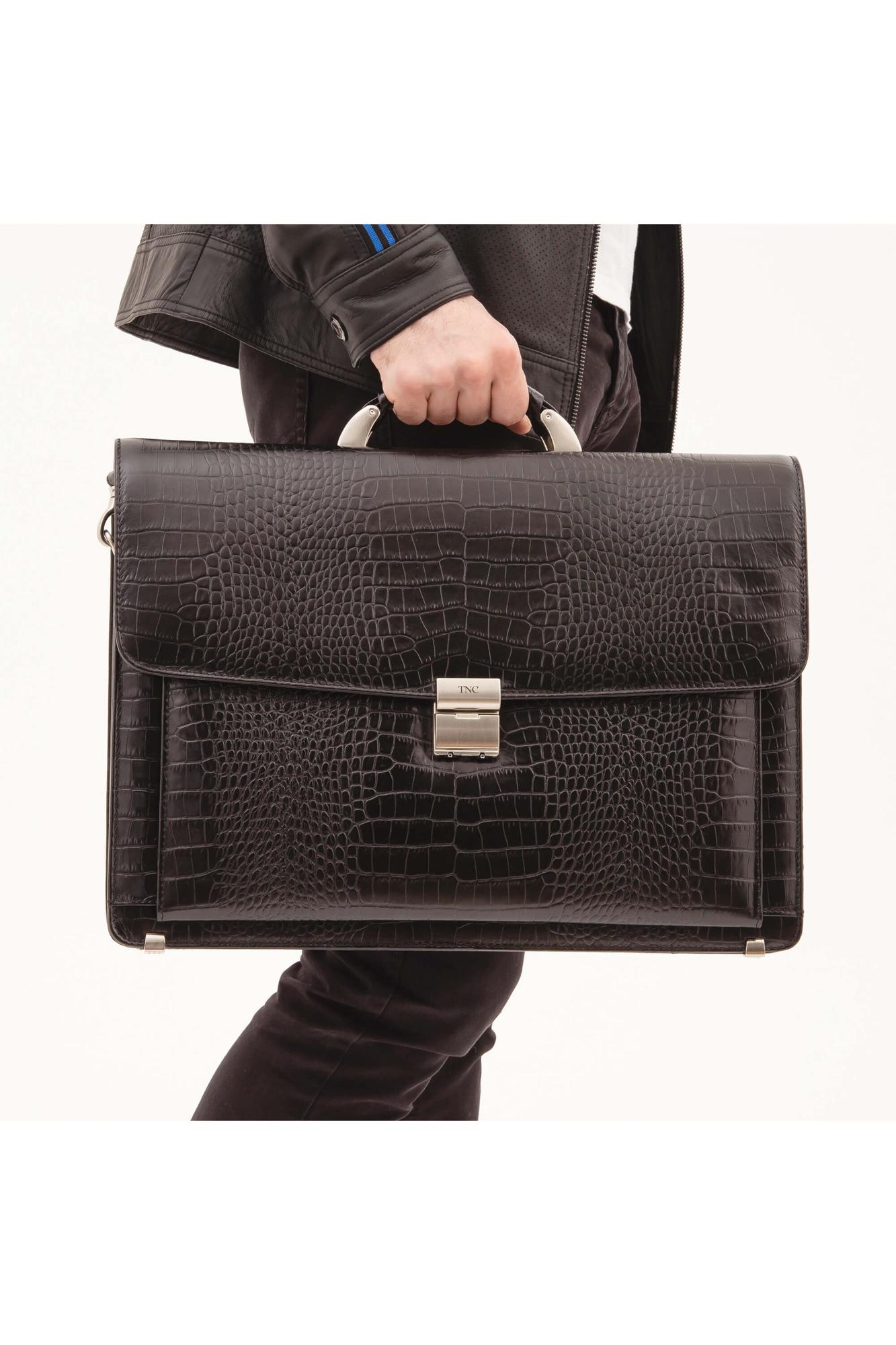 Tamer Tanca Erkek Hakiki Deri Siyah Kroko Evrak Çantası