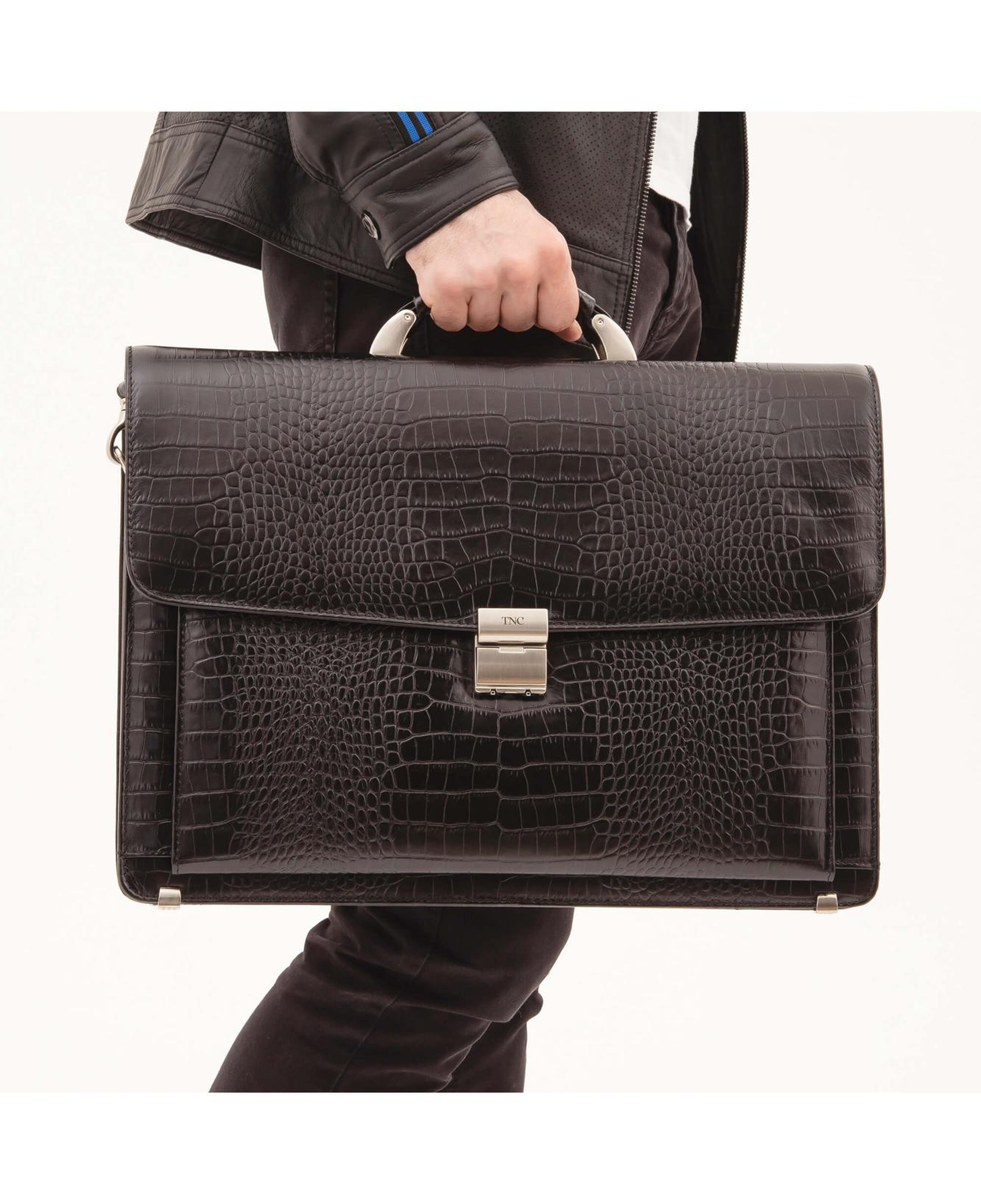 Tamer Tanca Erkek Hakiki Deri Siyah Kroko Evrak Çantası