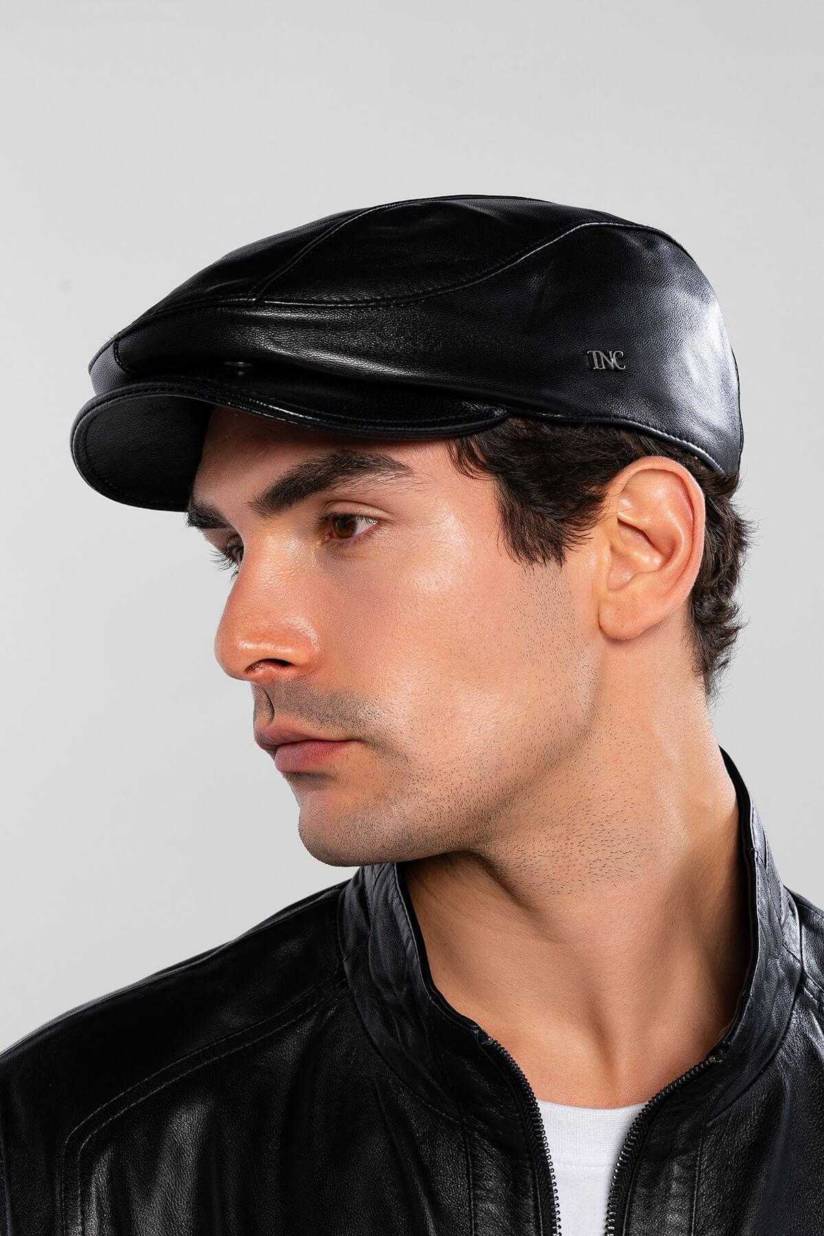 Tamer Tanca Erkek Hakiki Deri Siyah Deri London Şapka