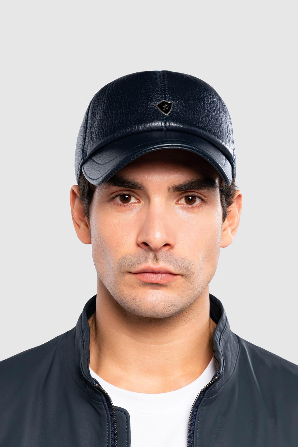 Tamer Tanca Erkek Hakiki Deri Lacivert Şapka