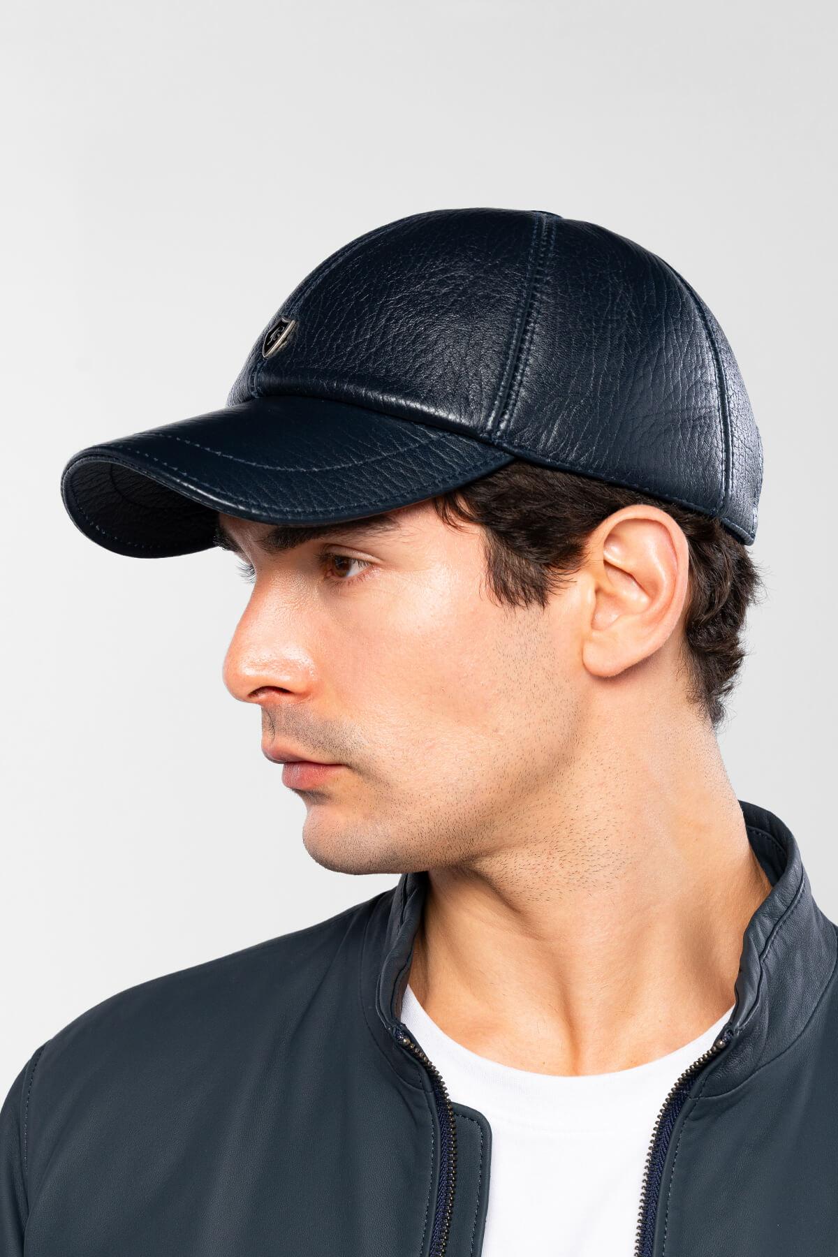 Tamer Tanca Erkek Hakiki Deri Lacivert Şapka