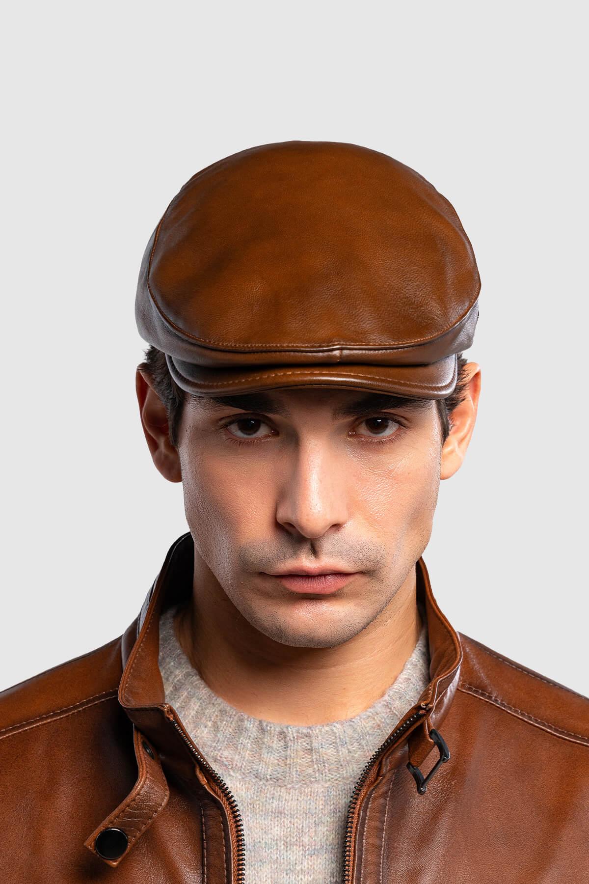 Tamer Tanca Erkek Hakiki Deri Taba Kasket Şapka