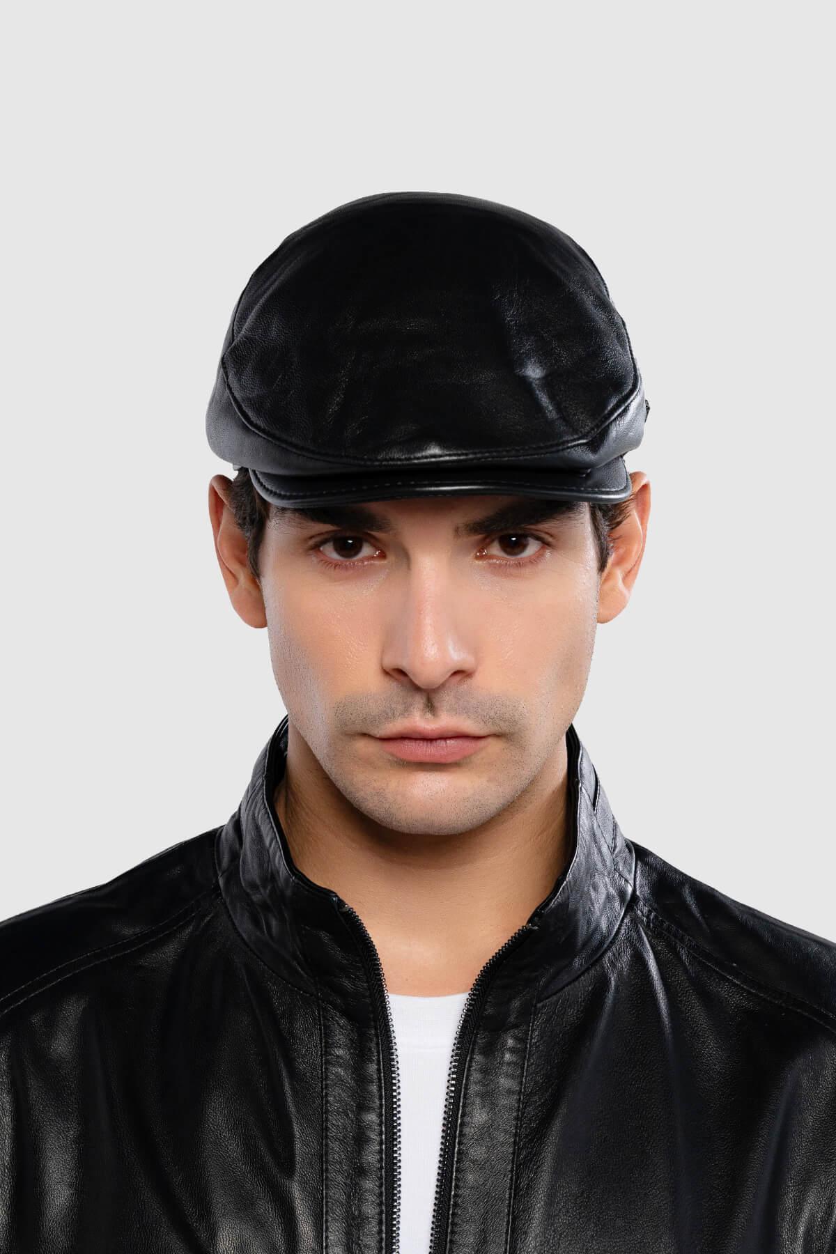 Tamer Tanca Erkek Hakiki Deri Siyah Kasket Şapka